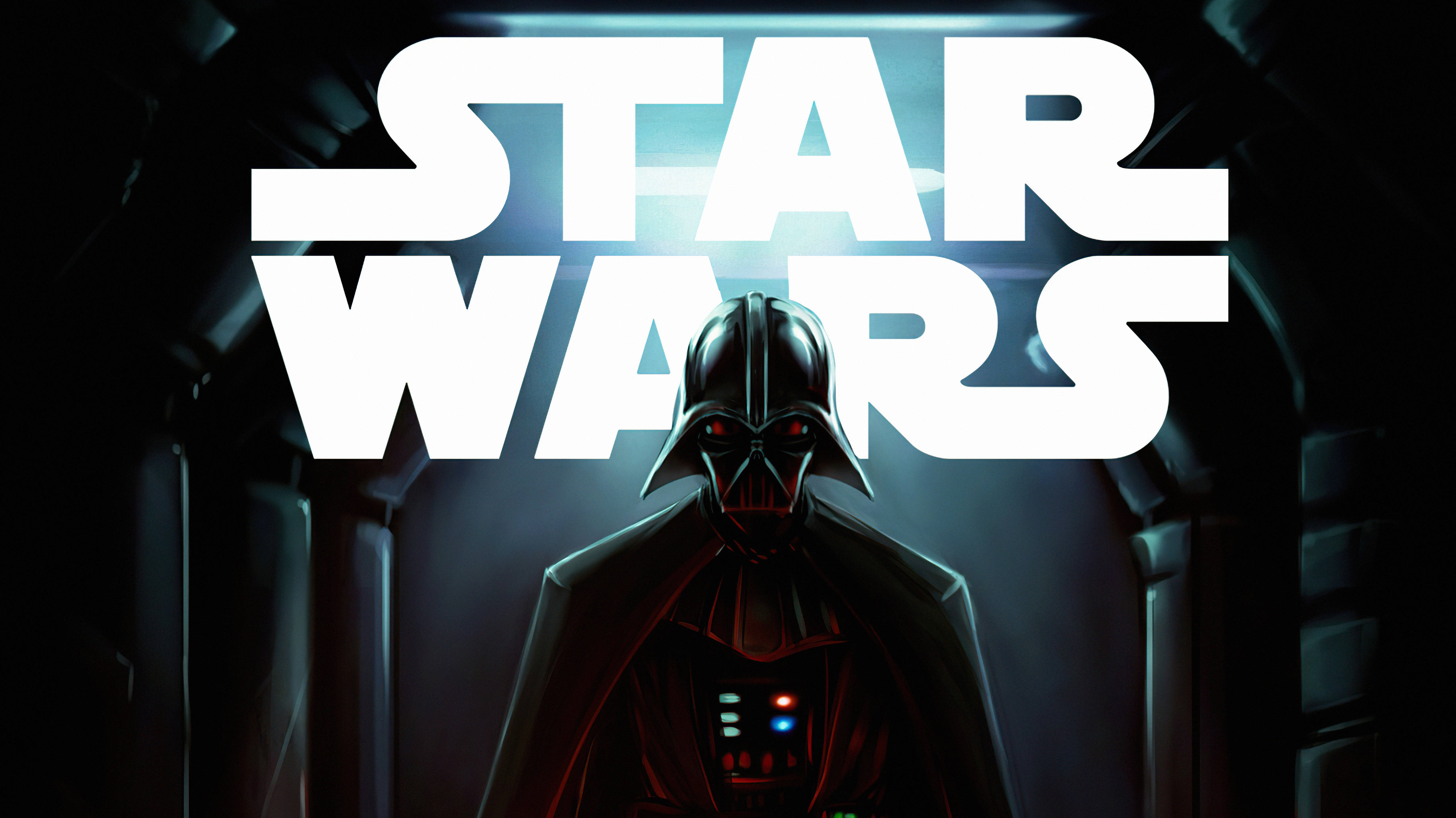 Vader 桌布 壁紙 — 黑武士達斯維達在黑暗走廊中威嚴地站立，上方是發光的星戰標誌。