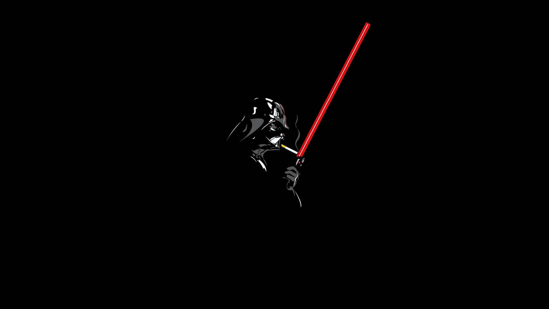 Epic Star Wars 桌布 壁紙 — 黑武士達斯維達在黑色背景前手持紅色光劍吸菸。