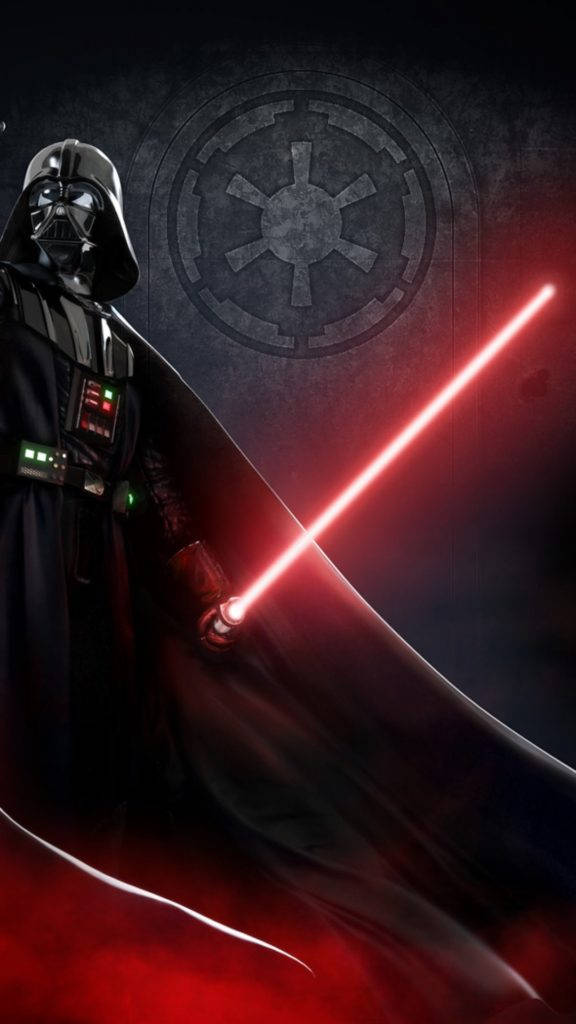 star wars iPhone 7 桌布 壁紙 — 黑武士達斯維達手持發光紅色光劍，站在黑暗背景前，身後有帝國標誌。