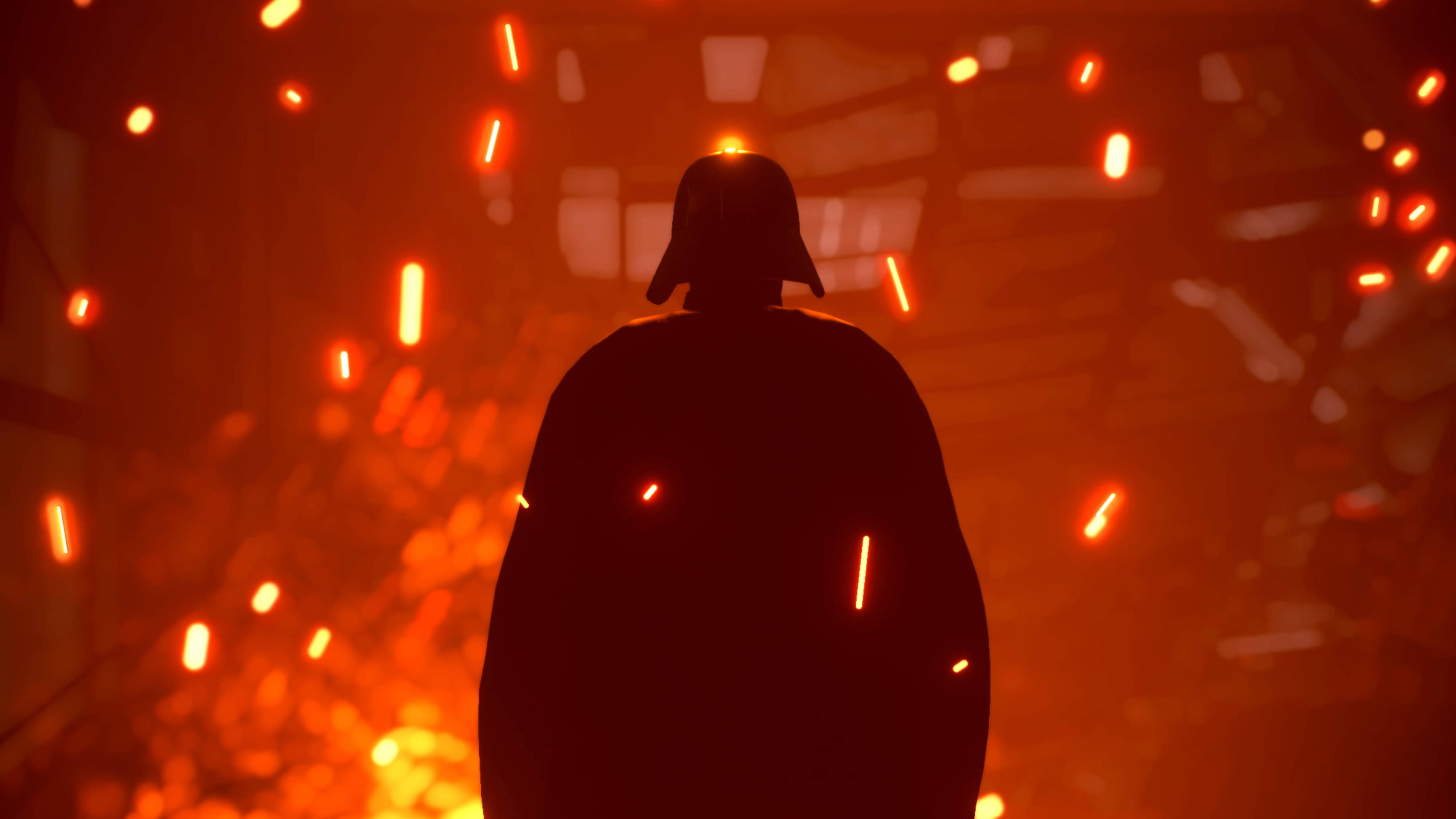 Vader 桌布 壁紙 — 黑武士達斯維達的剪影，站立在一個熾熱的橙色房間中，周圍漂浮著發光的餘燼。
