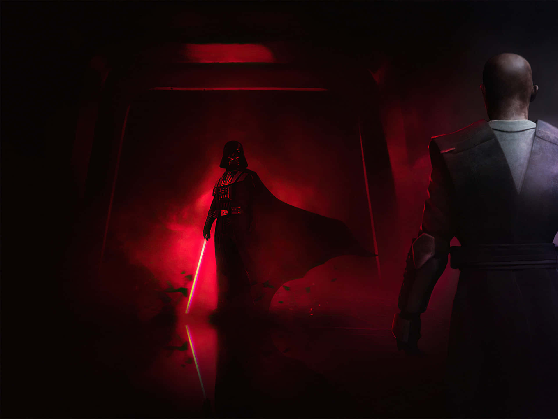Lightsaber Duels 桌布 壁紙 — 黑武士達斯維達站在一個紅色照明的房間裡，手持發光的紅色光劍，而一個光頭人物從後面觀看。
