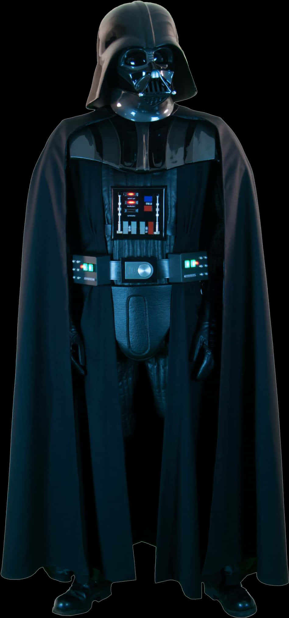 Star Wars Characters 桌布 壁紙 — 黑武士達斯維達身穿全副黑色盔甲和斗篷，在黑暗虛空中威嚴地站立，胸部和頭盔上發出藍色光芒。