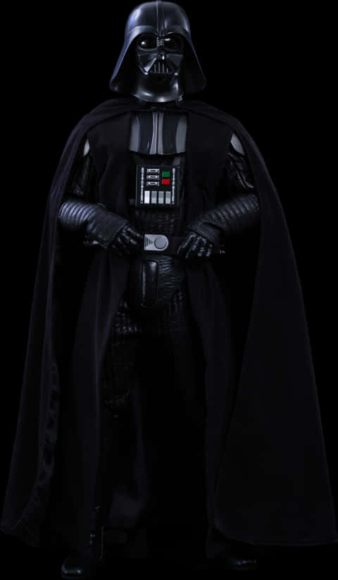Star Wars Characters 桌布 壁紙 — 黑武士達斯維達身穿全副黑色盔甲和斗篷，威嚴地站在純黑色背景前。