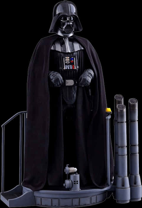 Star Wars Characters 桌布 壁紙 — 黑武士雕像在黑色背景下威嚴地站在一個帶有火箭助推器和控制面板配件的灰色平台上。