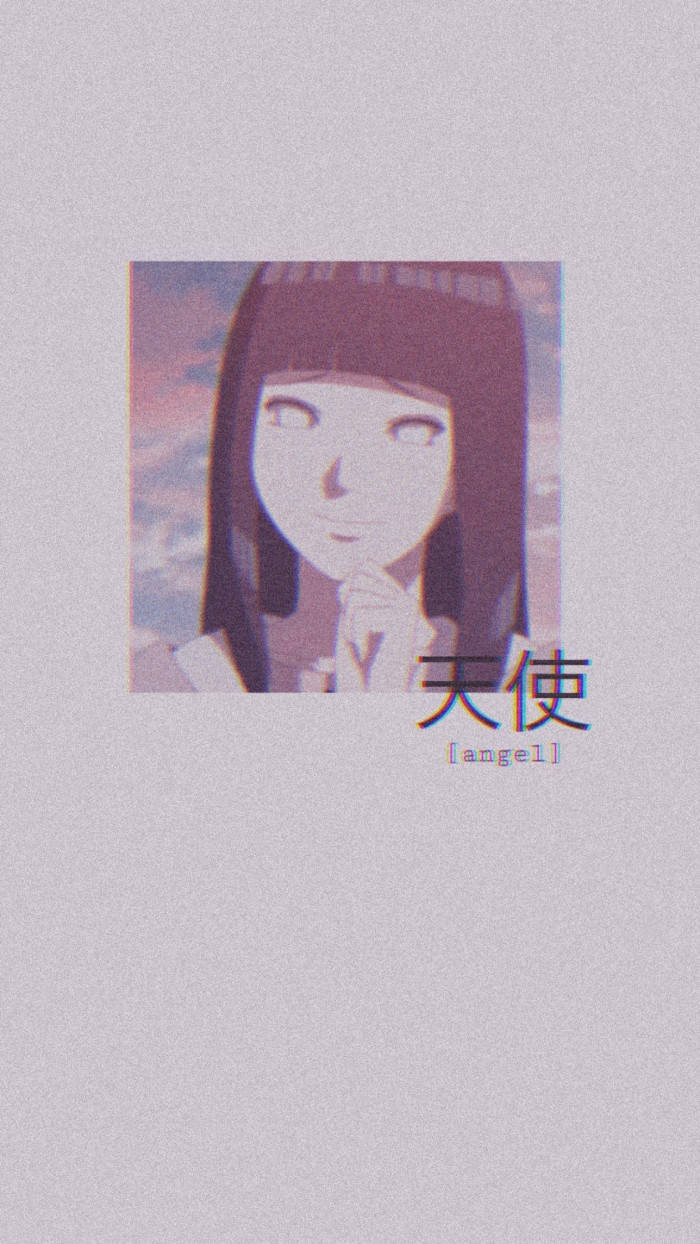 黑發動漫女孩，溫柔微笑，柔和粉紅天空，帶有天使文字。