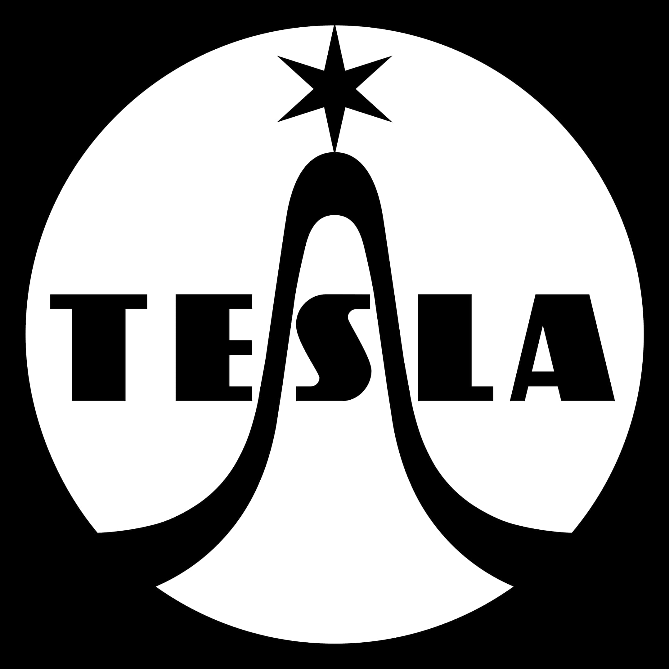 Logo Design 桌布 壁紙 — 黑白 Tesla 標誌，圓形框架內字母 'E' 上方有一顆星。