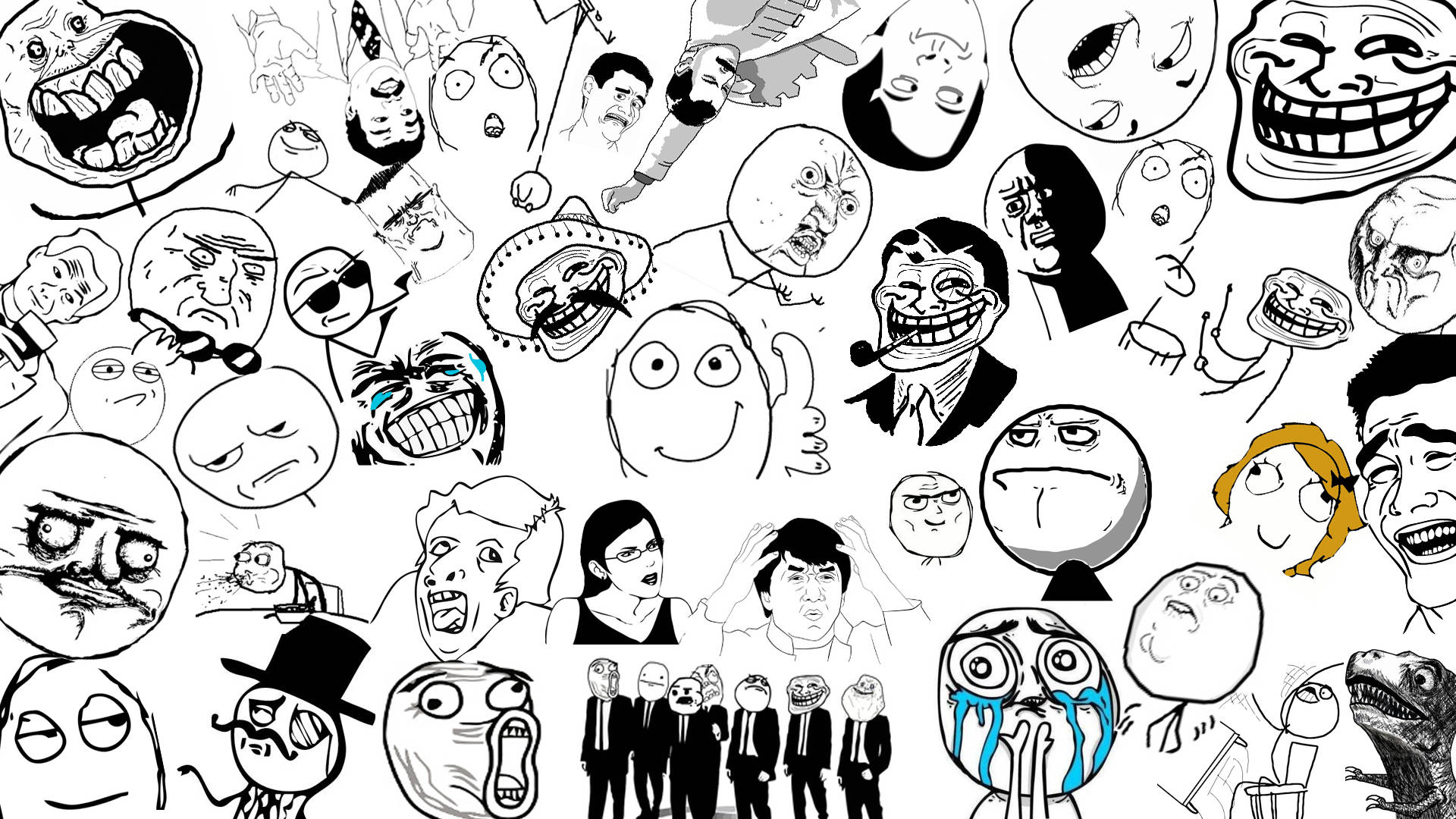 faces 桌布 壁紙 — 黑白、極具表現力的網路迷因和卡通面孔的混亂拼貼畫。