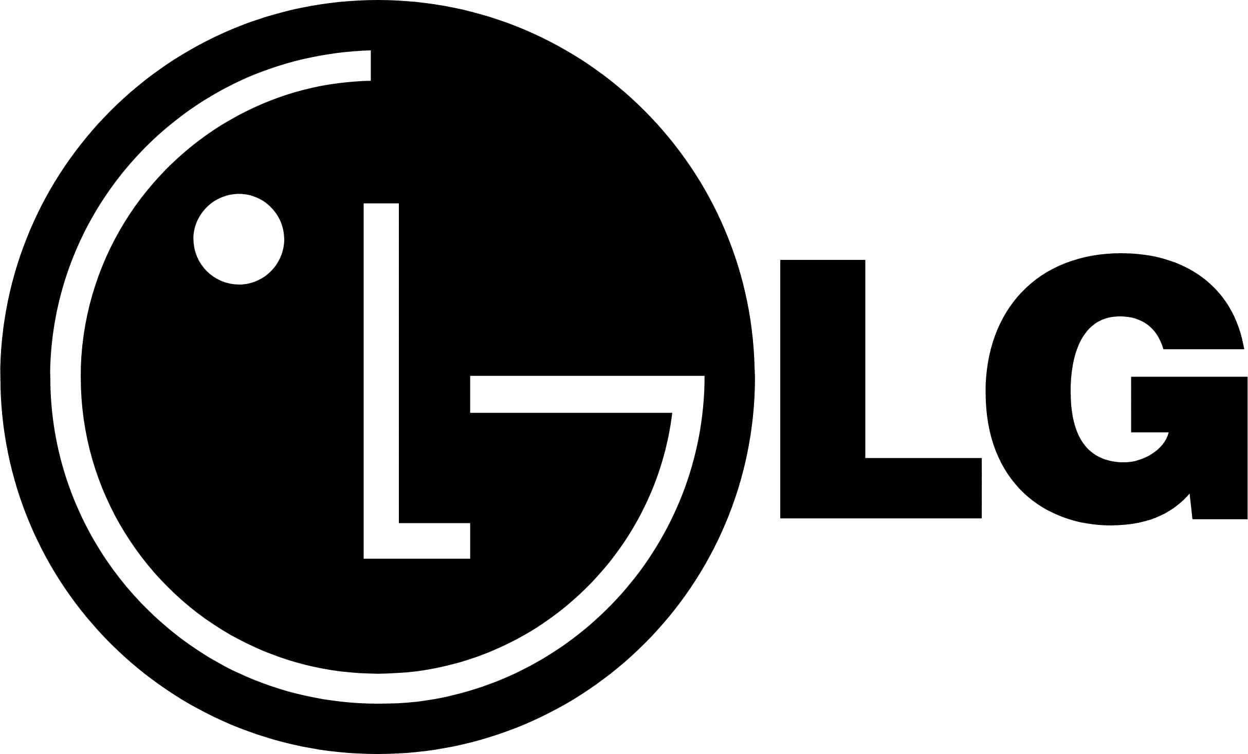 品牌 桌布 壁紙 — 黑白LG標誌，帶有風格化的圓形徽章和粗體字體，背景簡潔。