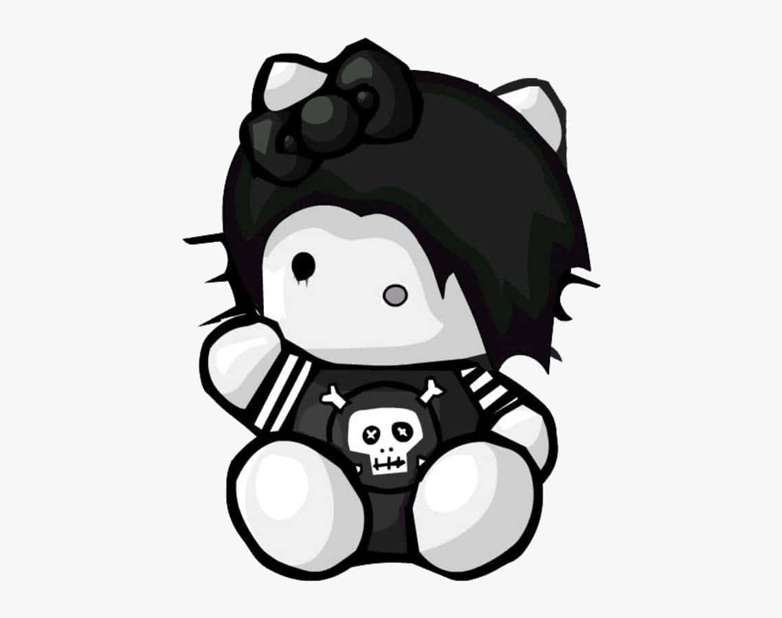 Emo Hello Kitty 桌布 壁紙 — 黑白Q版風格的Hello Kitty，有尖刺頭髮、骷髏衫和大蝴蝶結，以可愛哥德姿勢坐著。