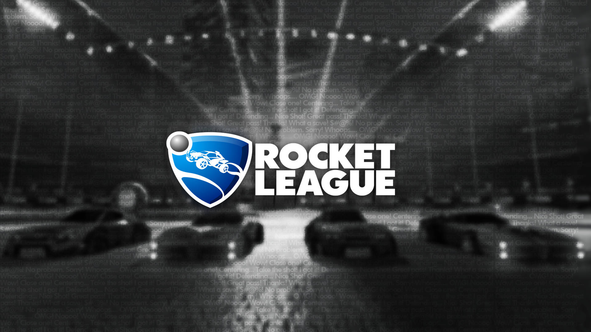 火箭聯盟 桌布 壁紙 — 黑白Rocket League標誌居中於模糊的體育場場景上，有汽車和聚光燈。
