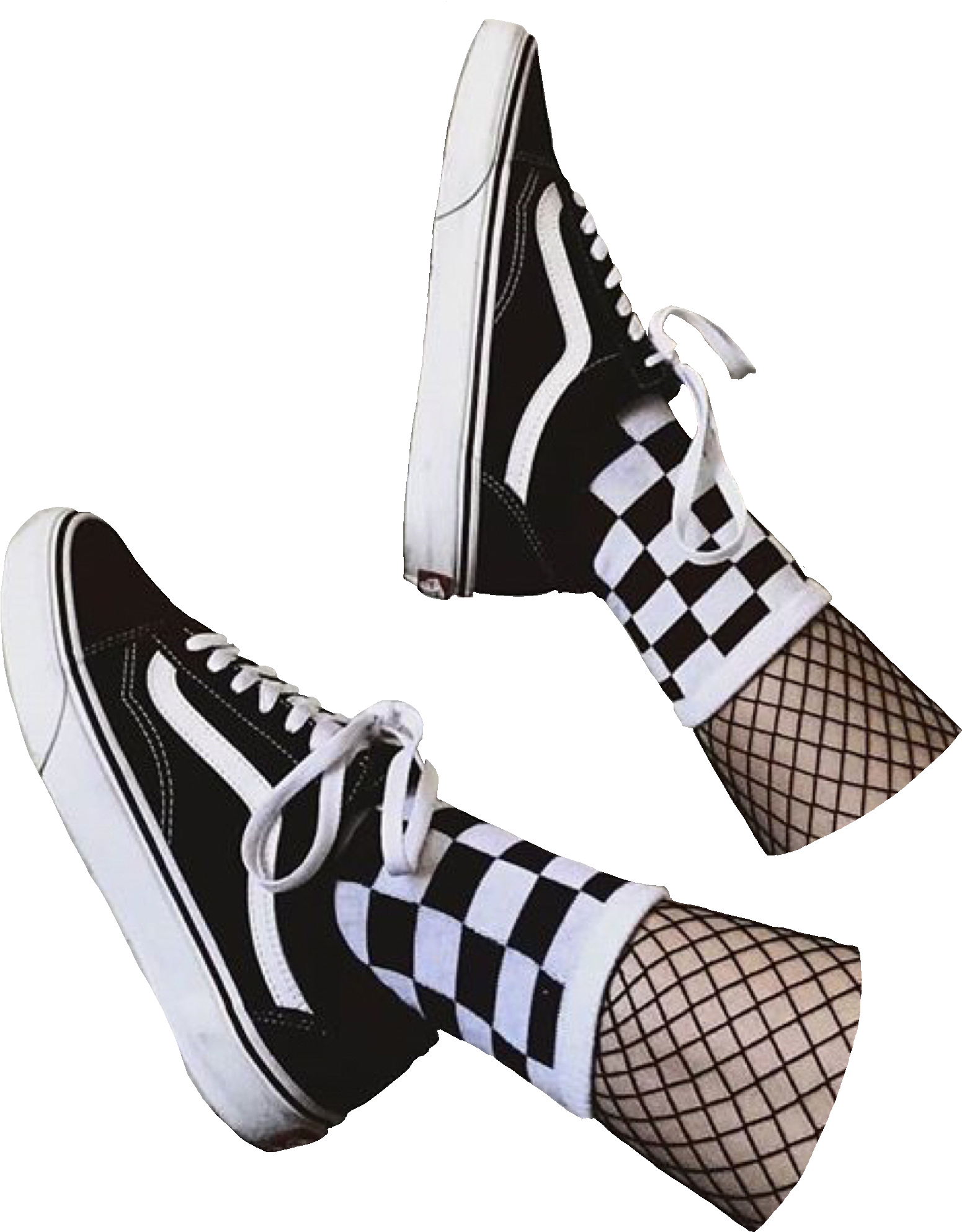 Vans 桌布 壁紙 — 黑白Vans運動鞋搭配格子襪和魚網襪，在純黑背景前。