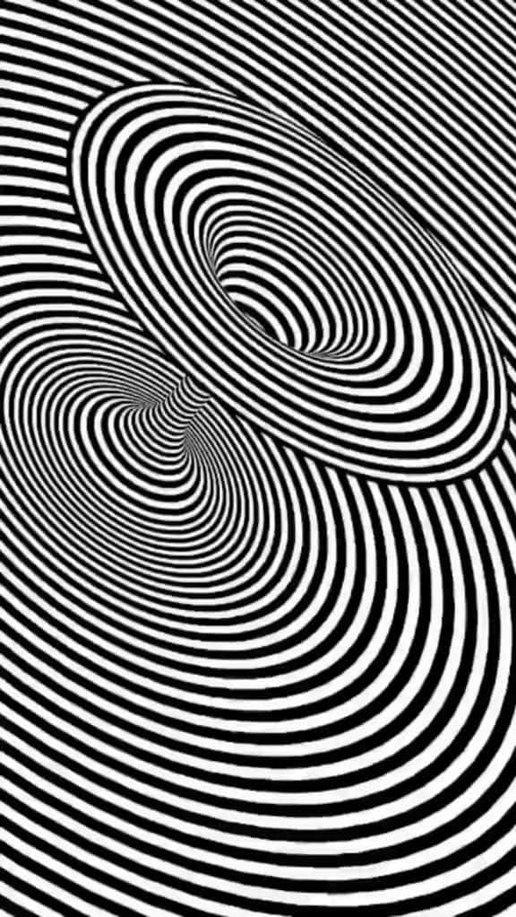 抽象 桌布 壁紙 — 黑白催眠視錯覺，旋轉的同心線條產生隧道效果。