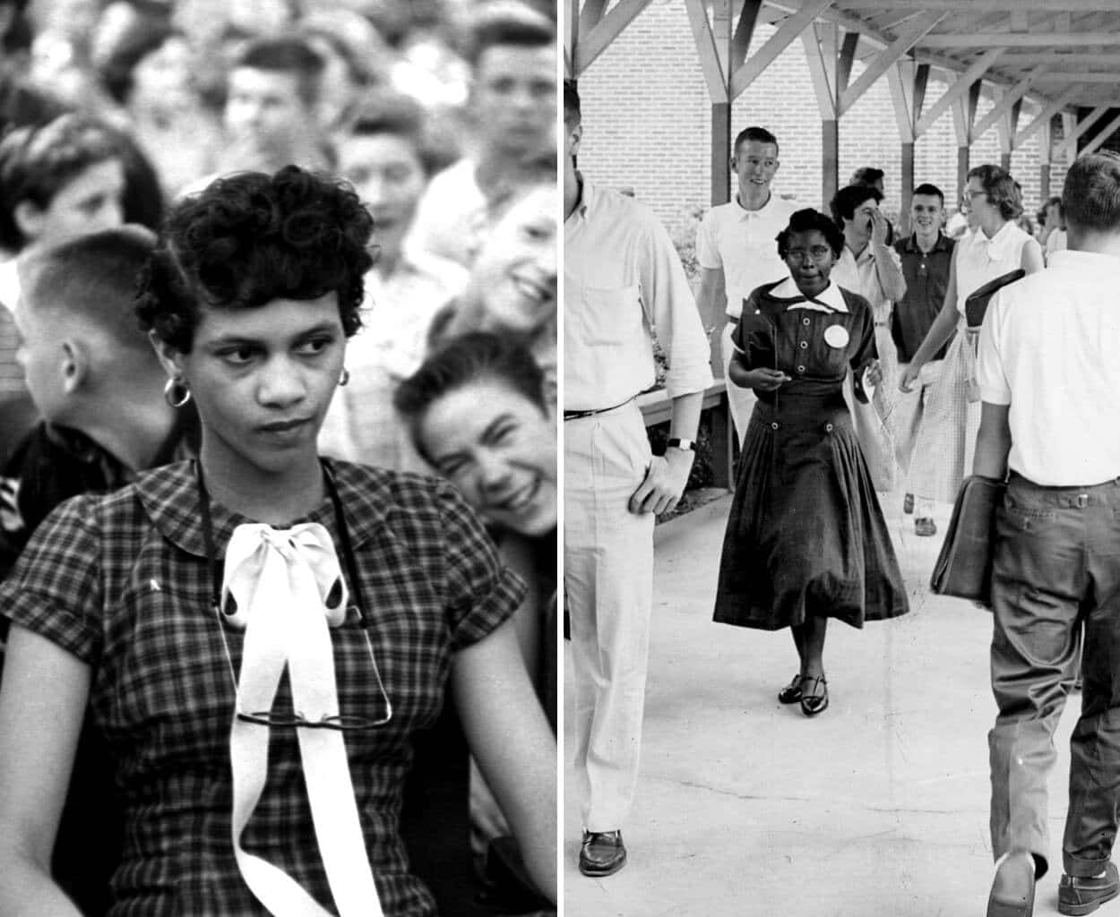 1950s 桌布 壁紙 — 黑白分割圖像顯示一位年輕黑人女性穿著格子連衣裙，戴著白色蝴蝶結，身處人群中，並與其他人一起在有蓋走道下行走。