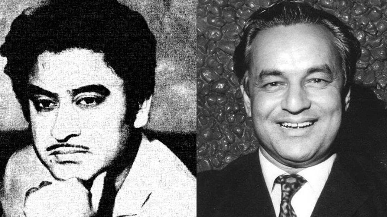 Kishore Kumar 桌布 壁紙 — 黑白分割肖像，兩位男士，一位年輕留鬍子，另一位西裝微笑，背景為紋理牆壁。