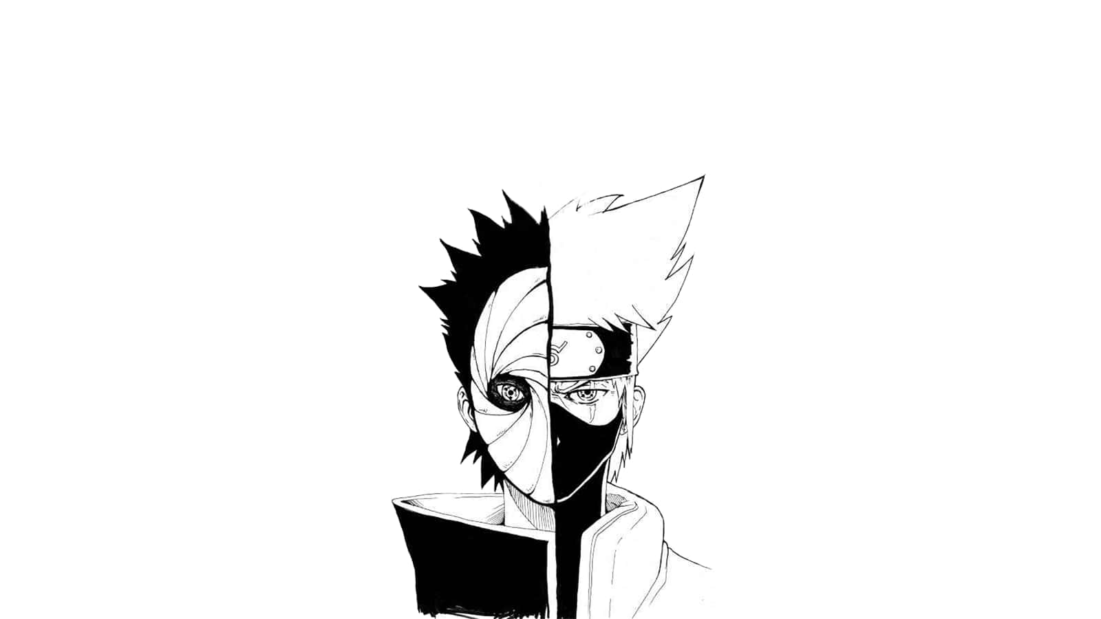 Naruto White 桌布 壁紙 — 黑白分半臉的動漫角色，展現銳利眼神和頭帶，背景為純白色。