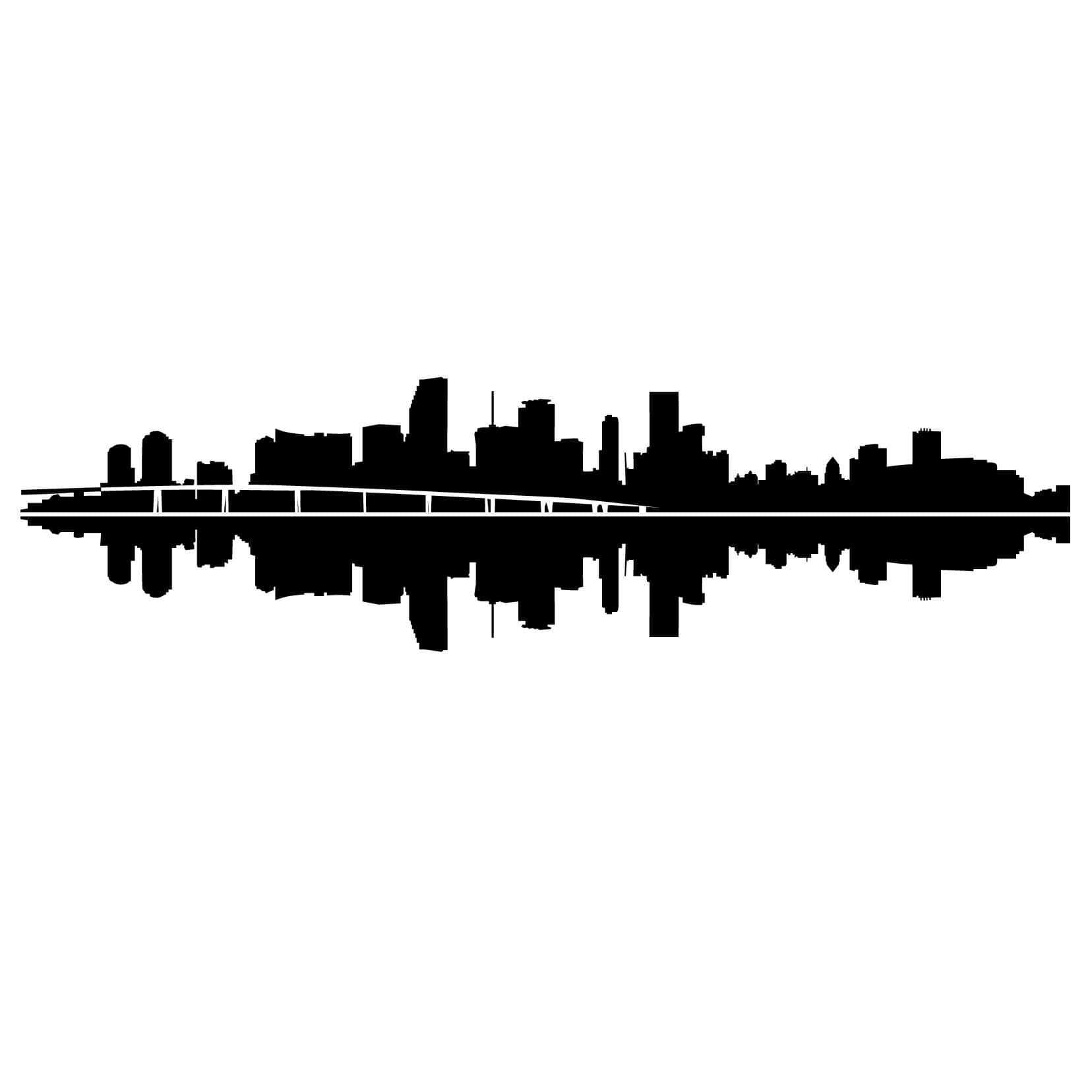 Miami 桌布 壁紙 — 黑白剪影的城市天際線，完美倒映在水中，背景為純白色。