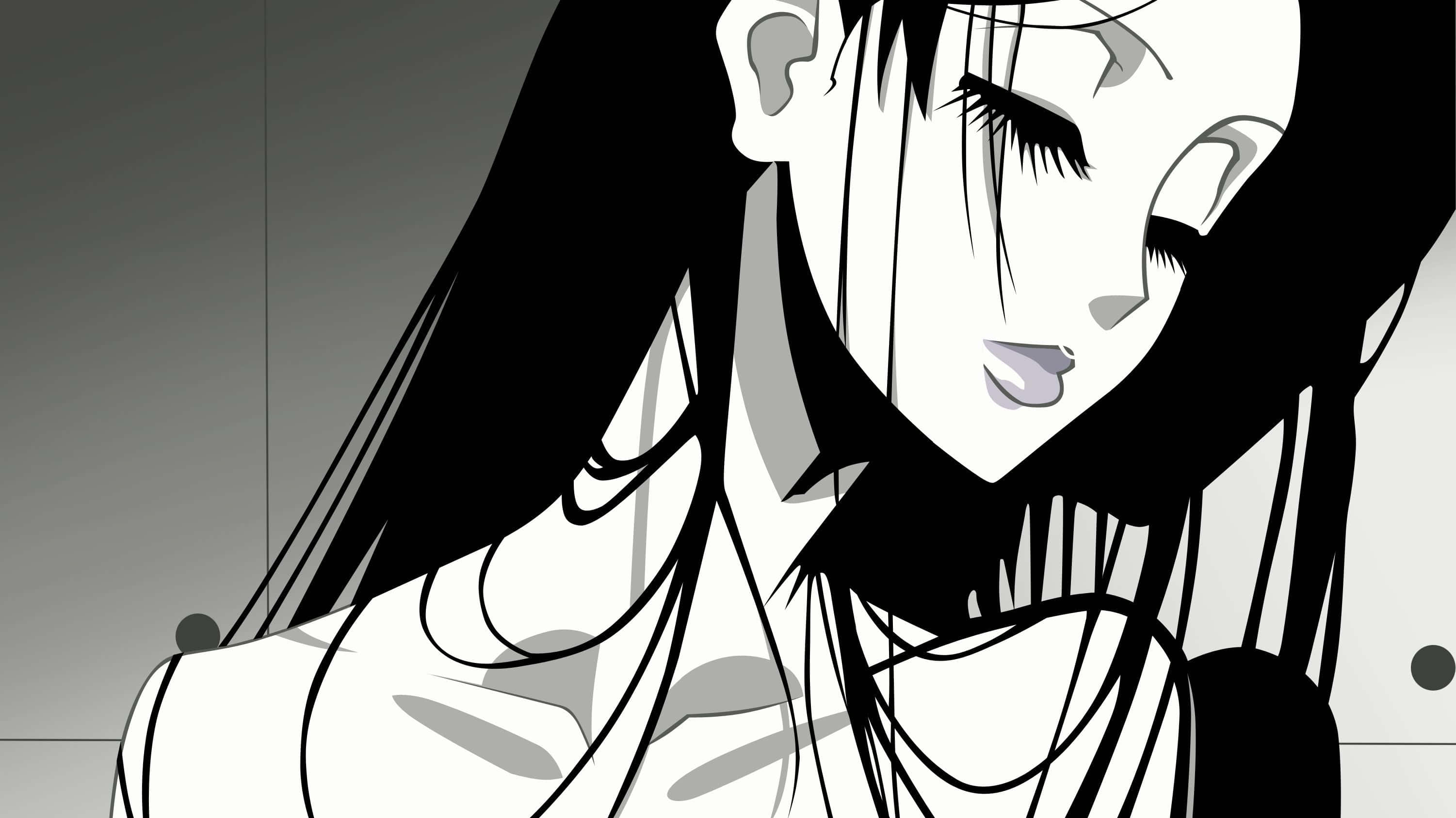 Black And White Anime 桌布 壁紙 — 黑白動漫女孩，長髮閉眼，極簡灰階設定。