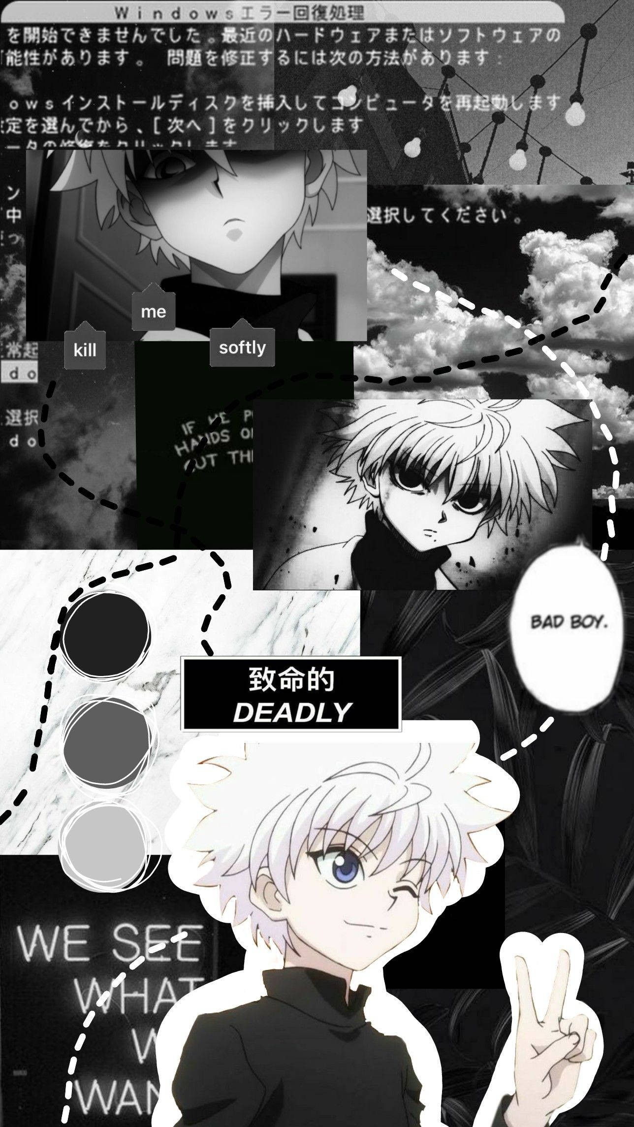 奇犽 桌布 壁紙 — 黑白動漫拼貼畫，包含角色及 deadly 和 bad boy 等文字疊加。