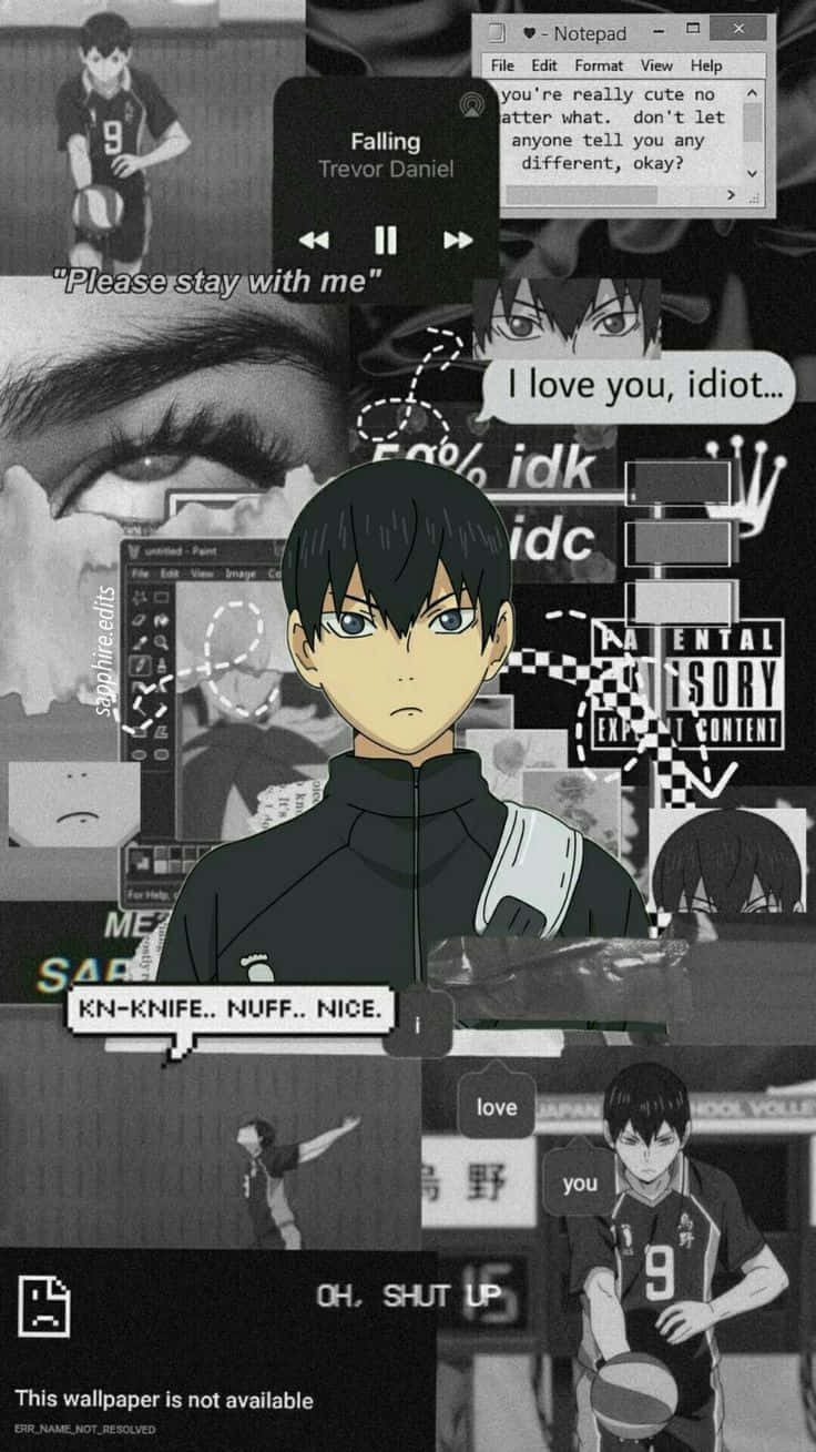Tobio Kageyama 桌布 壁紙 — 黑白動漫排球運動員場景拼貼，帶有文字疊加和數位介面元素。