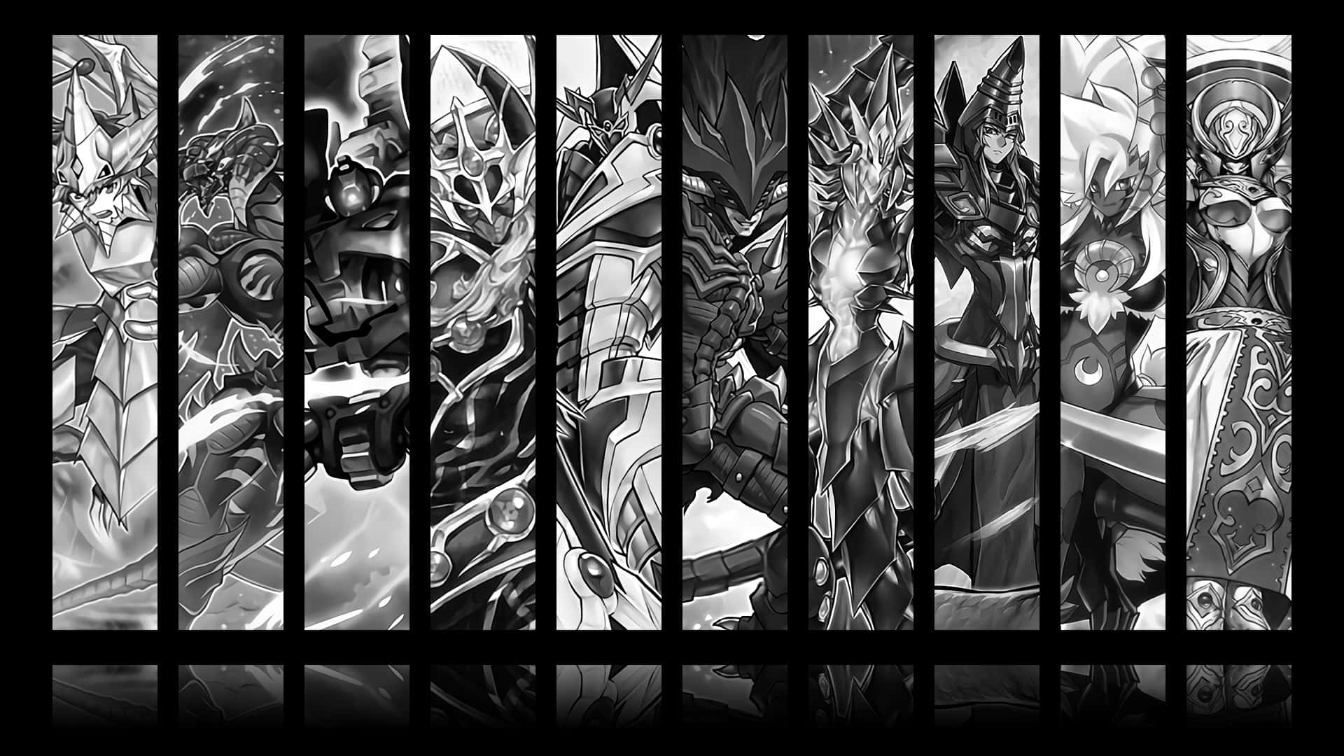 Yugioh 桌布 壁紙 — 黑白動漫桌布，八位身穿盔甲的奇幻戰士以動態姿勢分佈在垂直面板上。