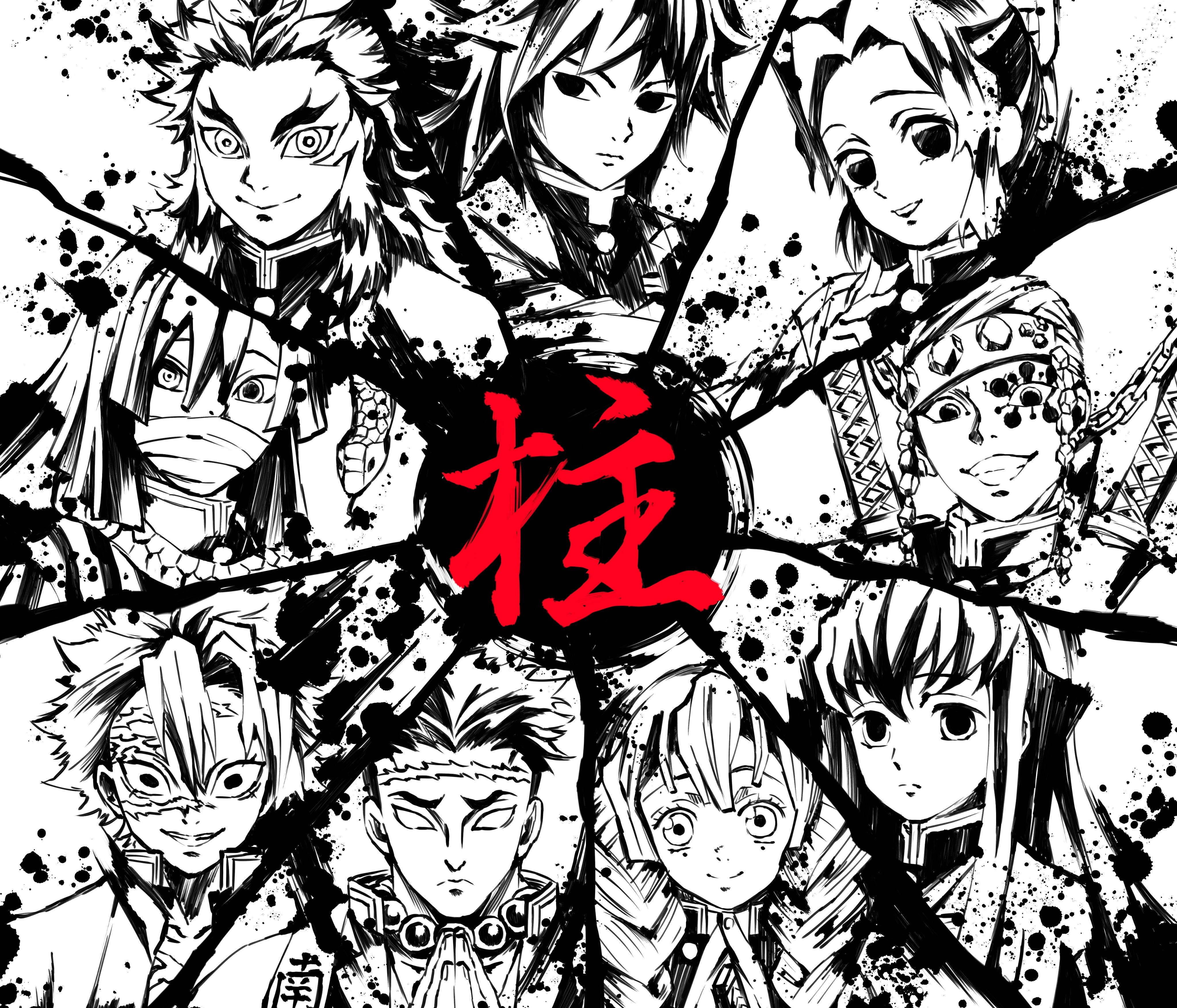Obanai 桌布 壁紙 — 黑白動漫角色圍繞中央的紅色漢字，呈現破碎玻璃效果並帶有墨水飛濺。