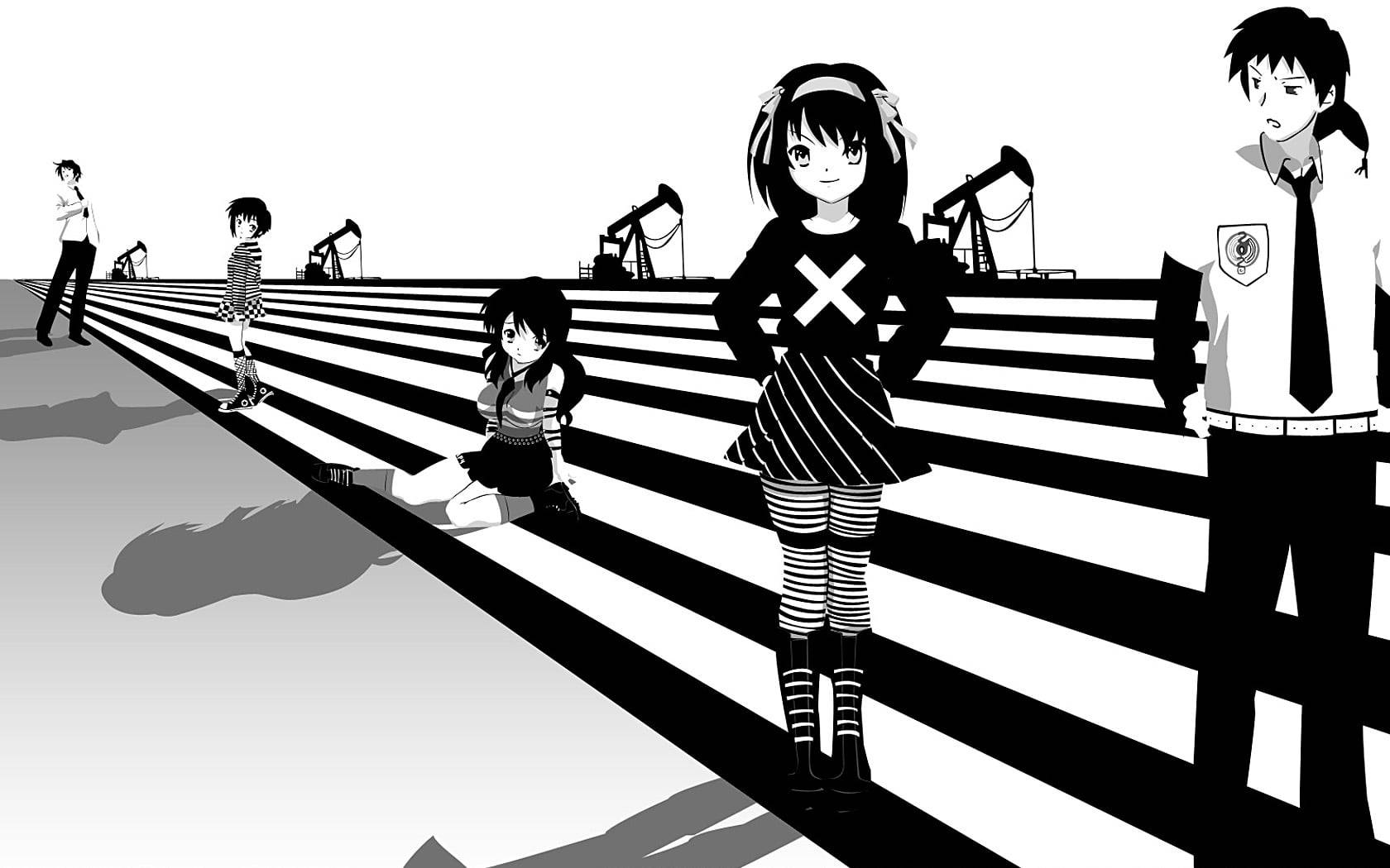 Black And White Anime Boy 桌布 壁紙 — 黑白動漫角色站在一條有油泵背景的條紋道路上。
