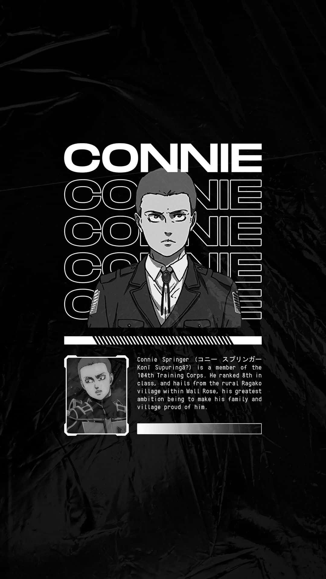 Connie Springer 桌布 壁紙 — 黑白動漫風格桌布，康妮·斯普林格身穿軍裝，名字以粗體重複顯示。