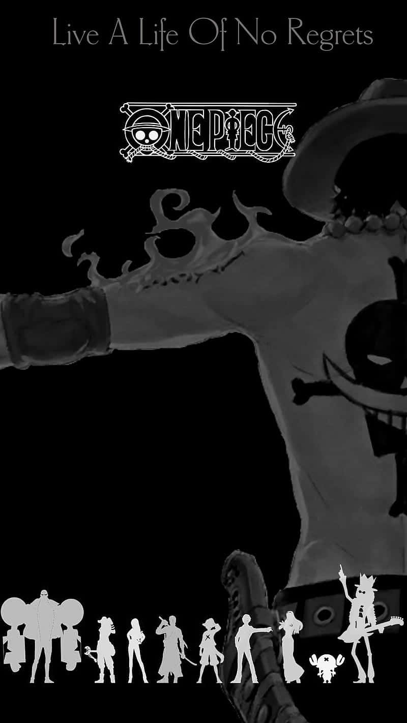 One Piece Black And White 桌布 壁紙 — 黑白動畫桌布， featuring 一個大海盜剪影，下方有船員剪影，以及「One Piece」標誌。