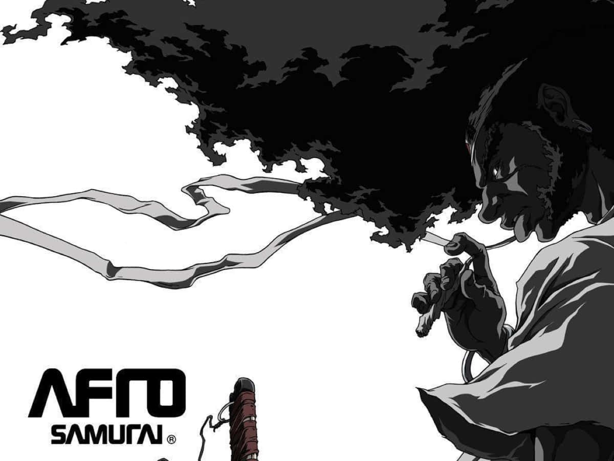 Black And White Samurai 桌布 壁紙 — 黑白動畫武士呼出濃煙，他的劍放在下方，形成鮮明戲劇性的剪影。