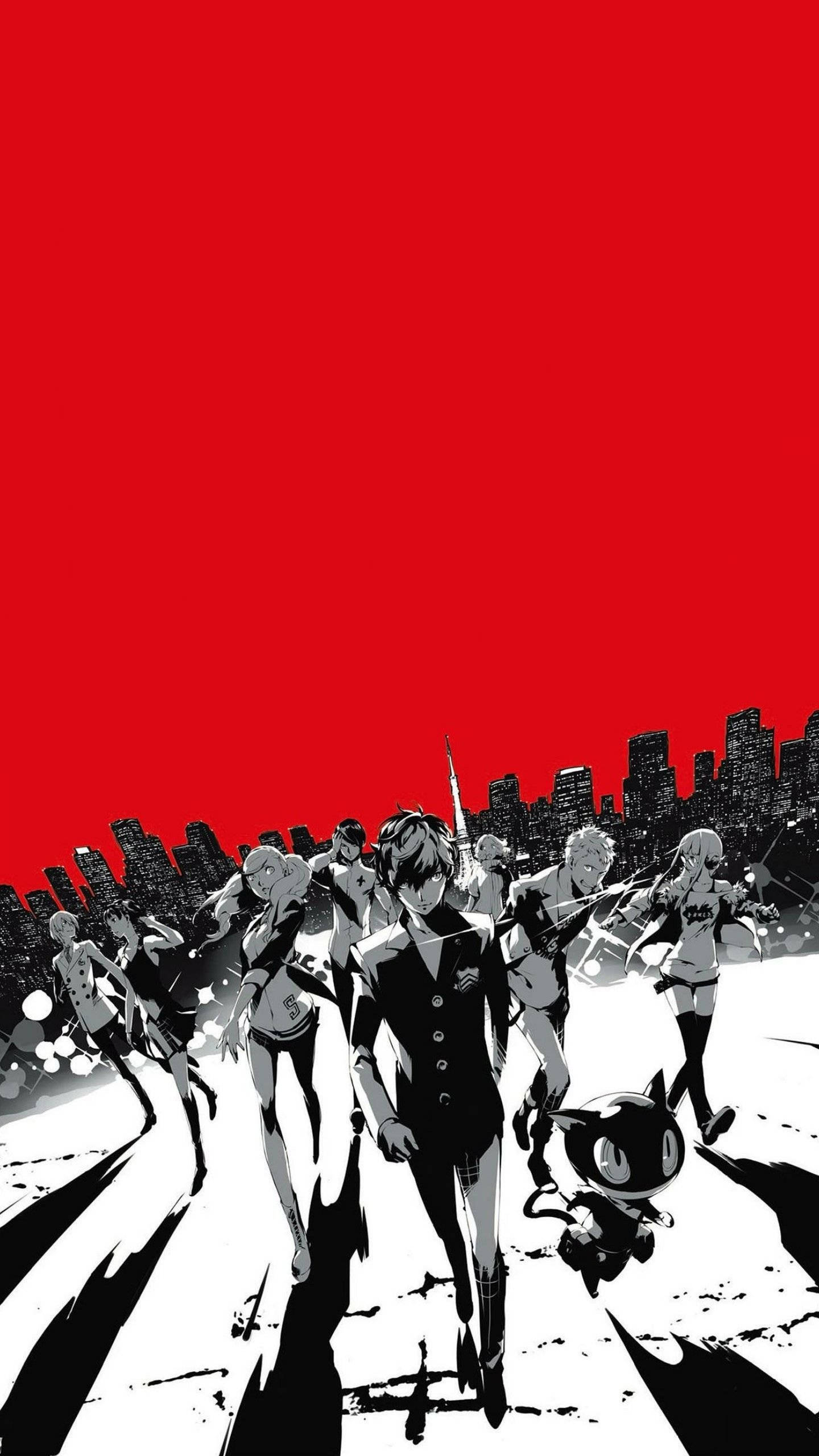 Black And White Anime Aesthetic 桌布 壁紙 — 黑白動畫組在鮮紅的城市景觀背景下大步前進。