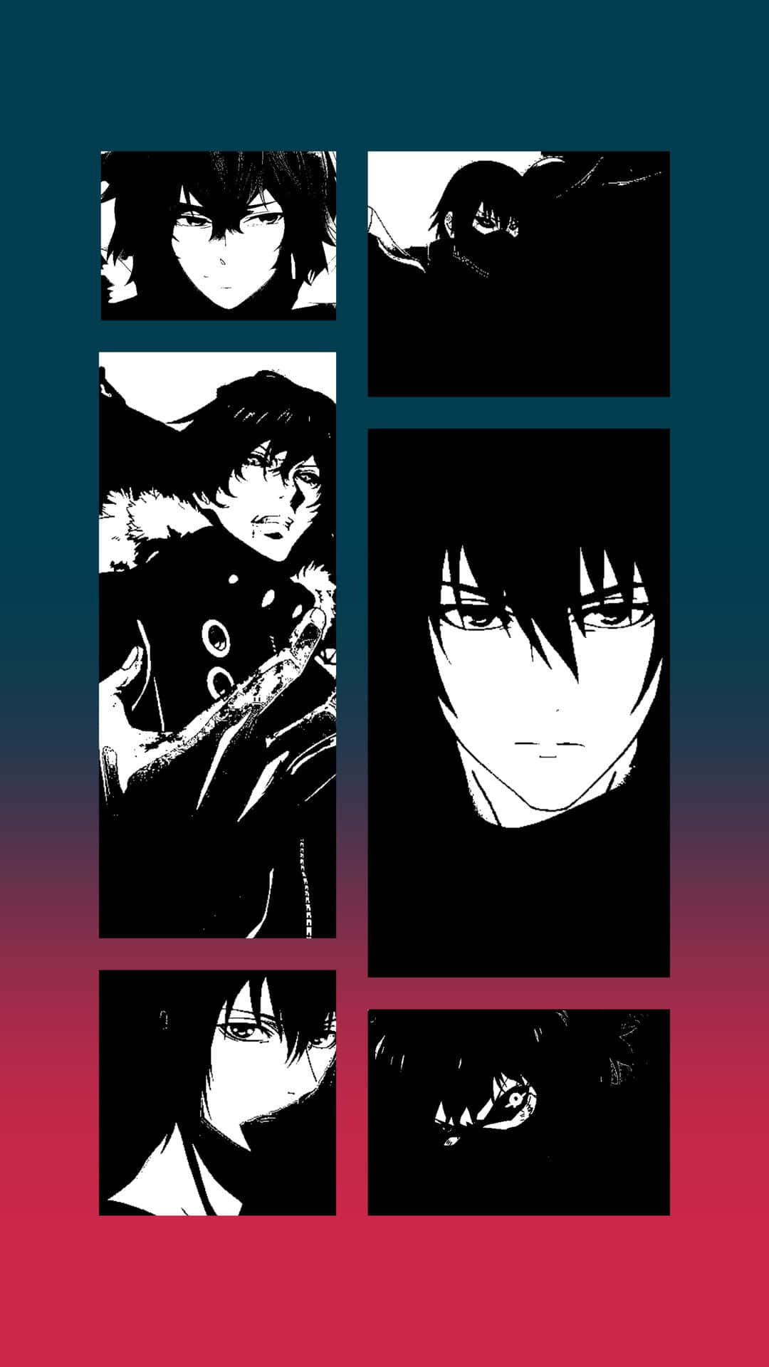 Ayato Kirishima 桌布 壁紙 — 黑白動畫角色肖像以網格排列，背景為青綠色到紅色的漸變。