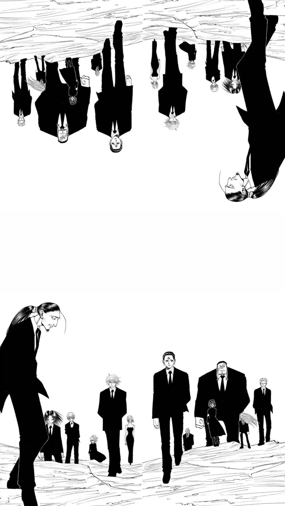 phantom 桌布 壁紙 — 黑白動畫面板，顯示倒置的人物從上方懸掛，而其他人在下方裂開的地面上行走。