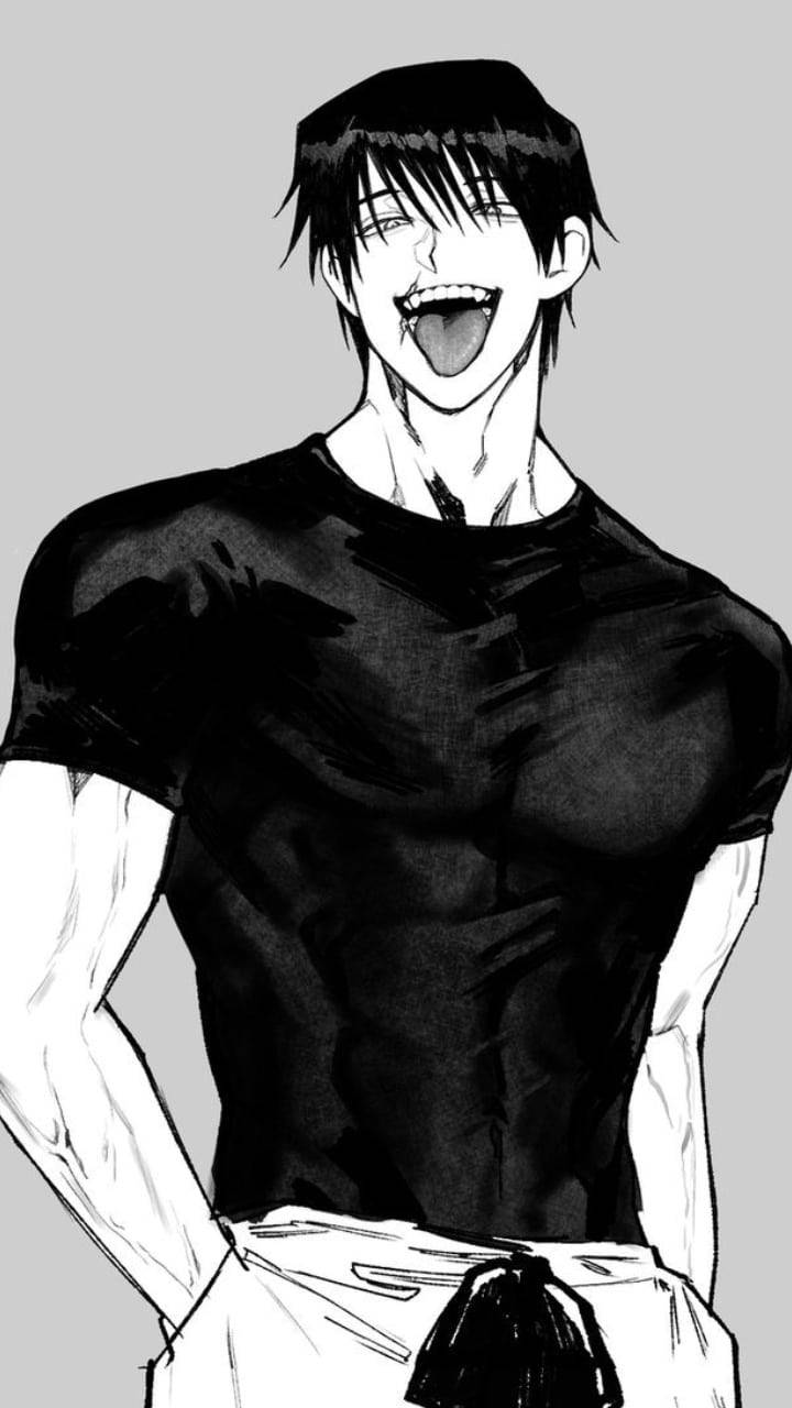 動漫男孩 桌布 壁紙 — 黑白動畫風格插圖，一個肌肉發達的男人伸出舌頭大笑，穿著緊身襯衫和寬鬆褲子。
