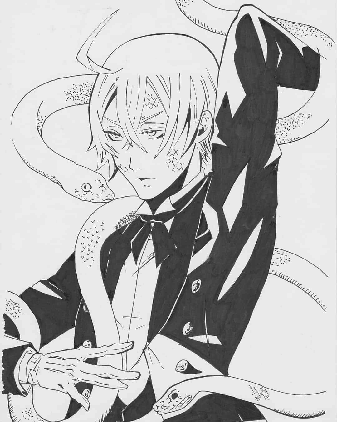 Black Butler Snake 桌布 壁紙 — 黑白動畫風格插圖，描繪一位淺色頭髮、有角的年輕男子，身穿正式西裝，被蛇圍繞。