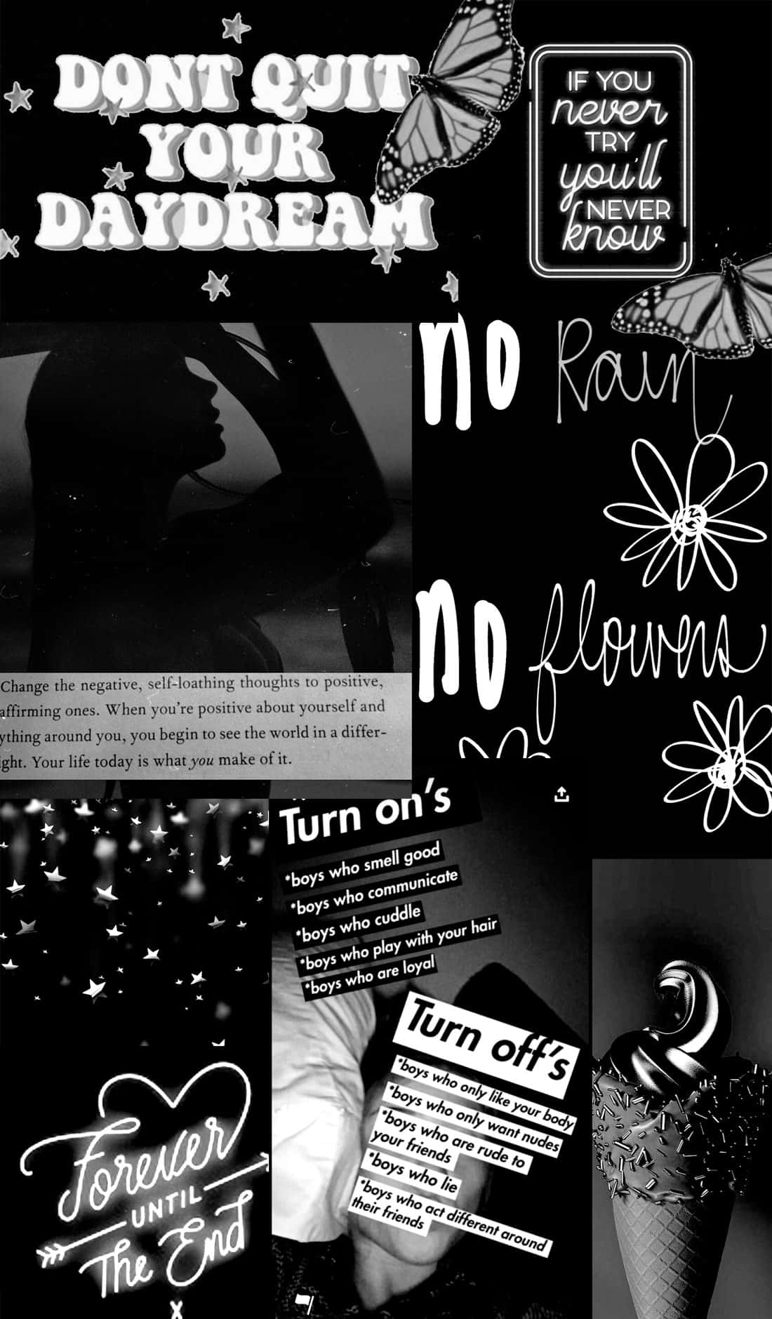 Aesthetic Black 桌布 壁紙 — 黑白勵志拼貼畫，包含蝴蝶、花朵、文字和冰淇淋甜筒，背景為深色。