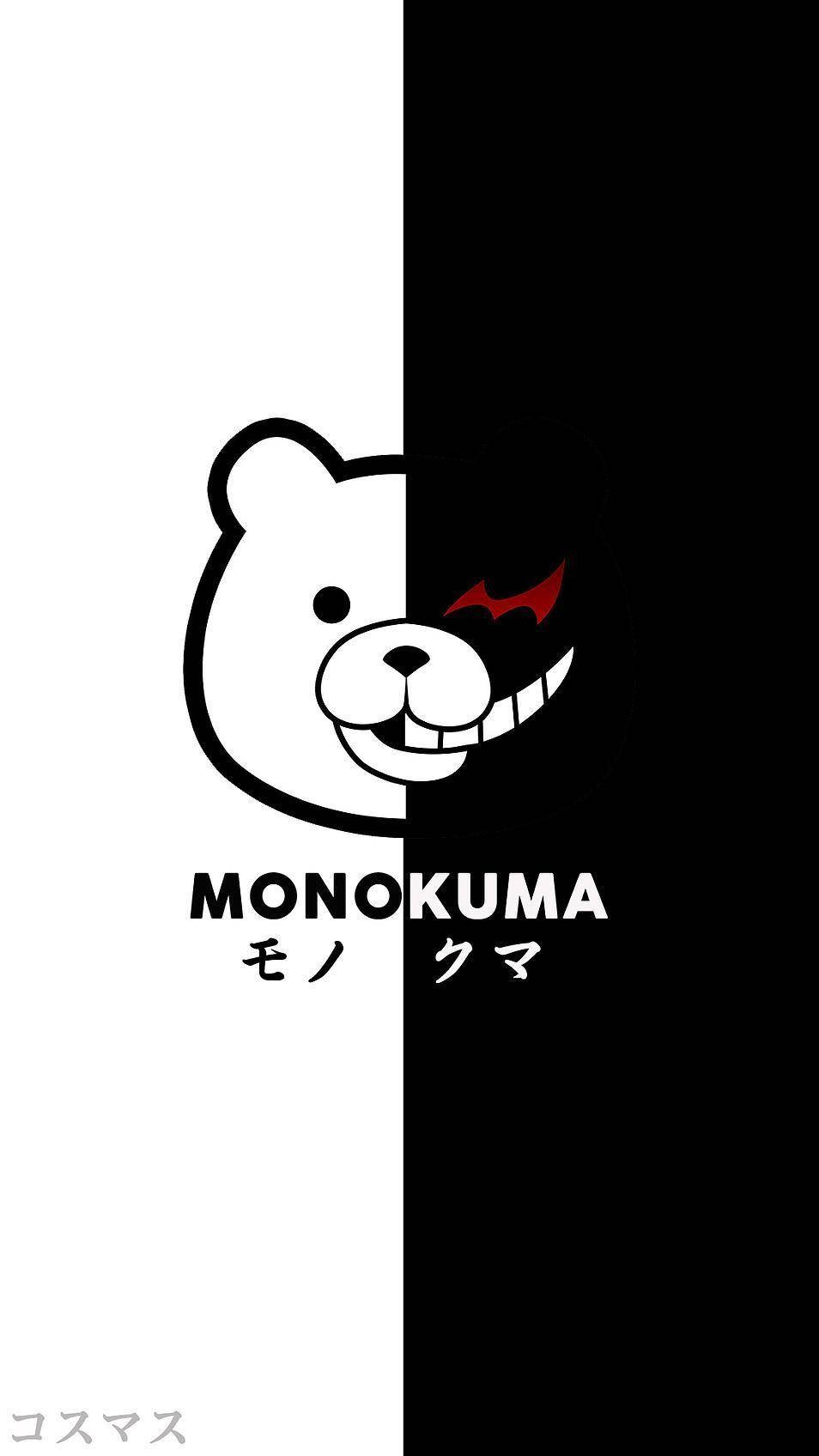 槍彈辯駁 桌布 壁紙 — 黑白各半的熊 Monokuma 標誌，紅色蝙蝠翼眼睛，黑色背景。