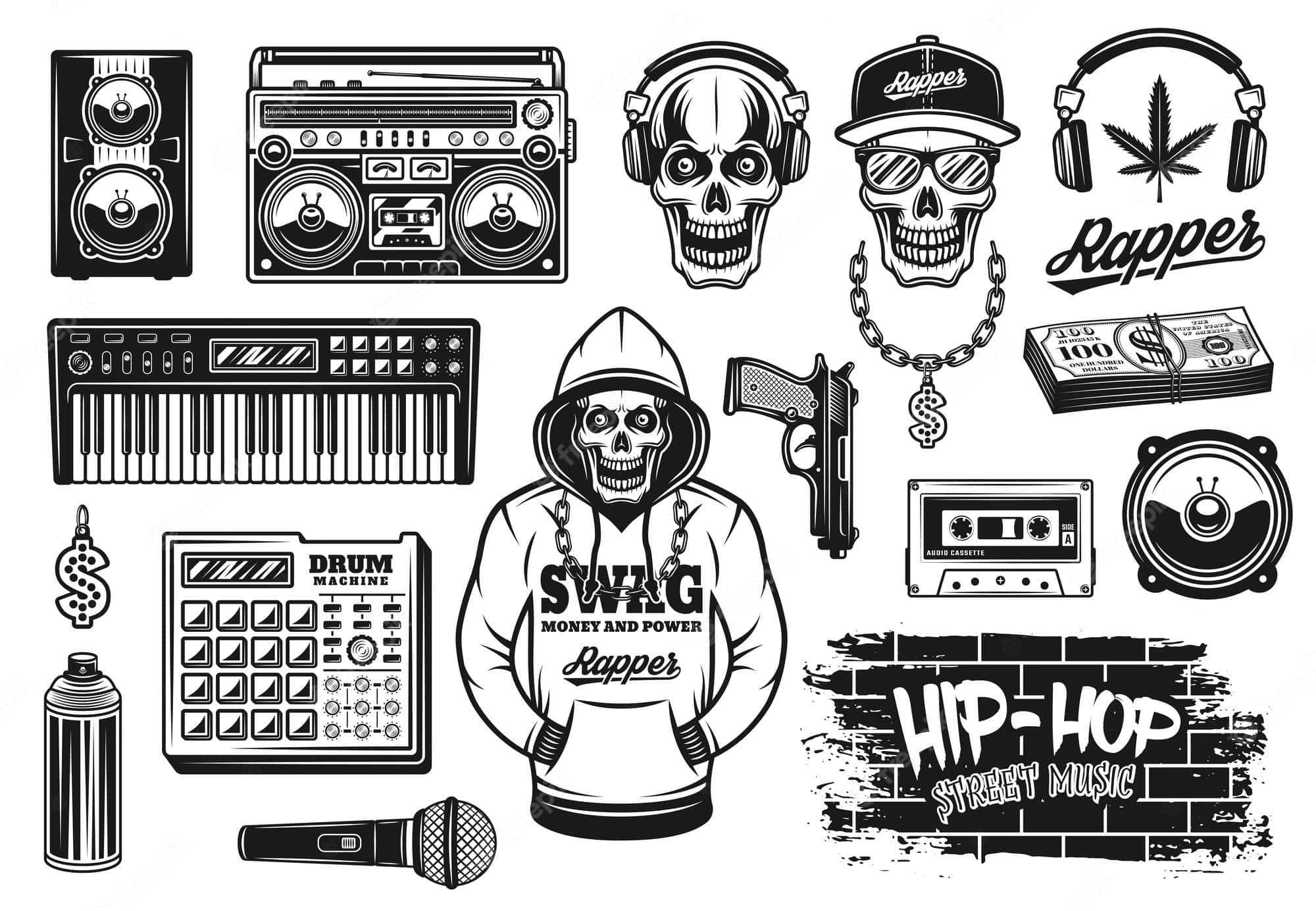 Rap Aesthetic 桌布 壁紙 — 黑白向量圖示描繪嘻哈文化，包含骷髏頭、手提音響、麥克風和塗鴉風格文字。