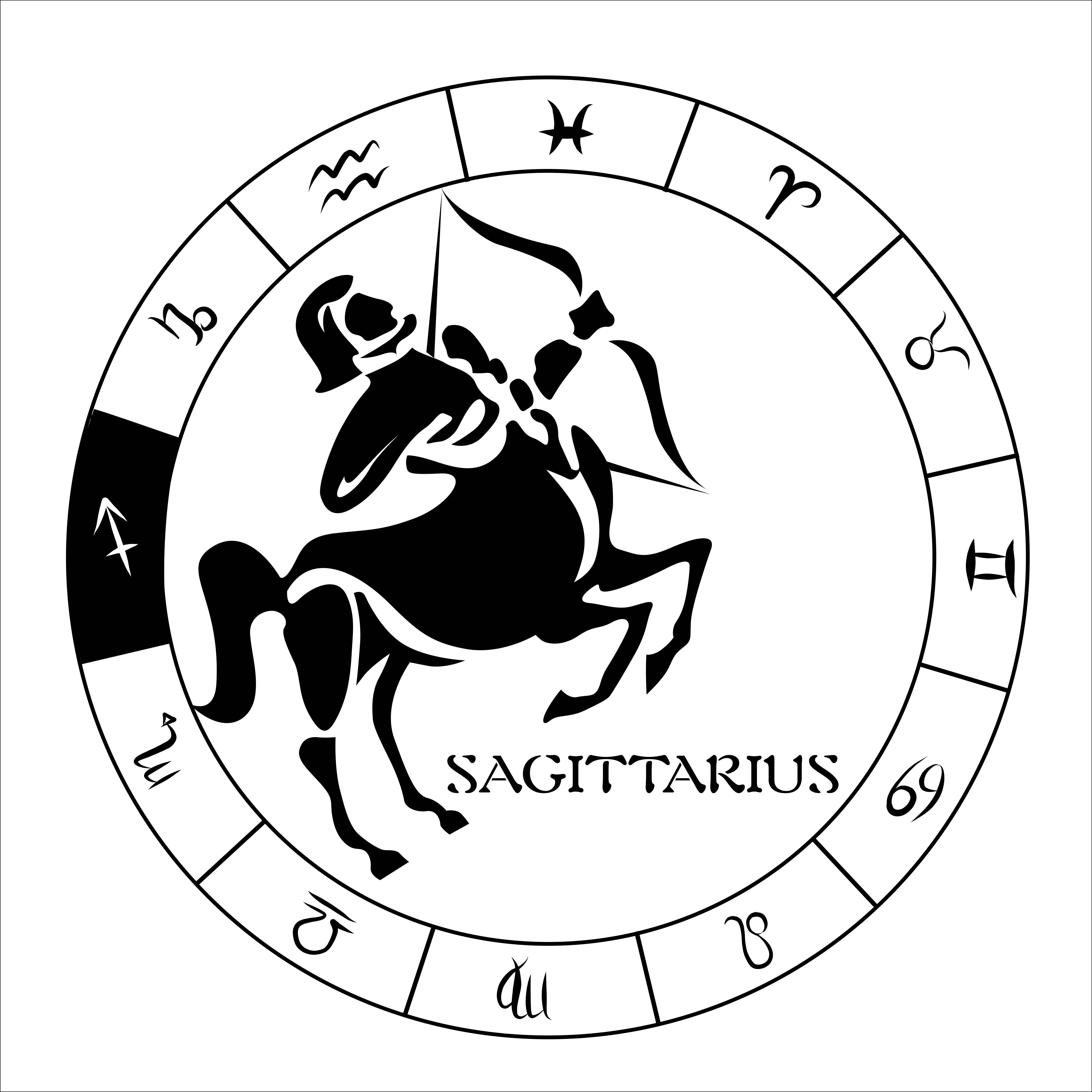 sagittarius 桌布 壁紙 — 黑白圓形星座圖，中心為射手座弓箭手，邊緣環繞所有十二個占星符號。