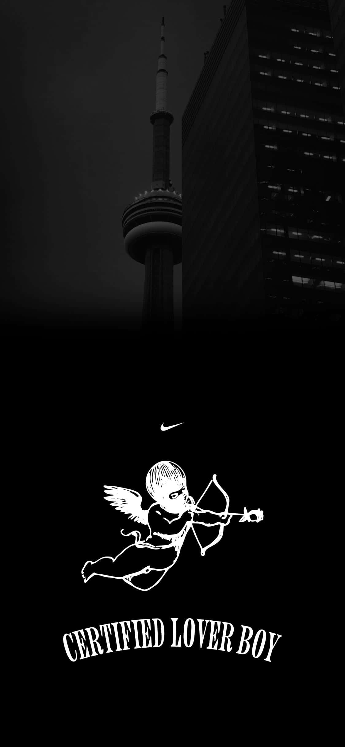 Certified 桌布 壁紙 — 黑白城市天際線，包含CN塔和底部白色Nike Certified Lover Boy Cupid標誌。