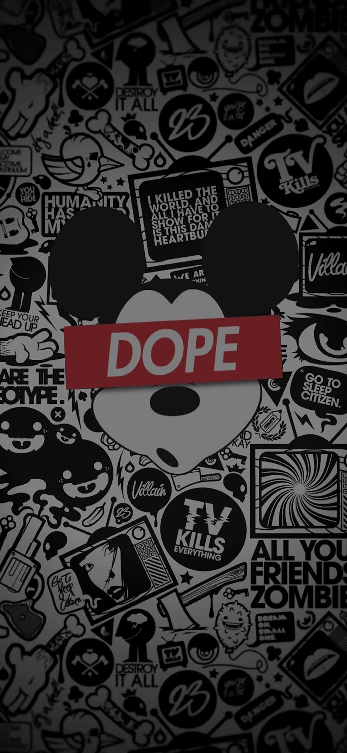 Cool Design iPhone 桌布 壁紙 — 黑白塗鴉風格壁紙，米奇老鼠頭部帶有紅色 'DOPE' 橫幅，覆蓋在流行文化貼紙拼貼畫上。