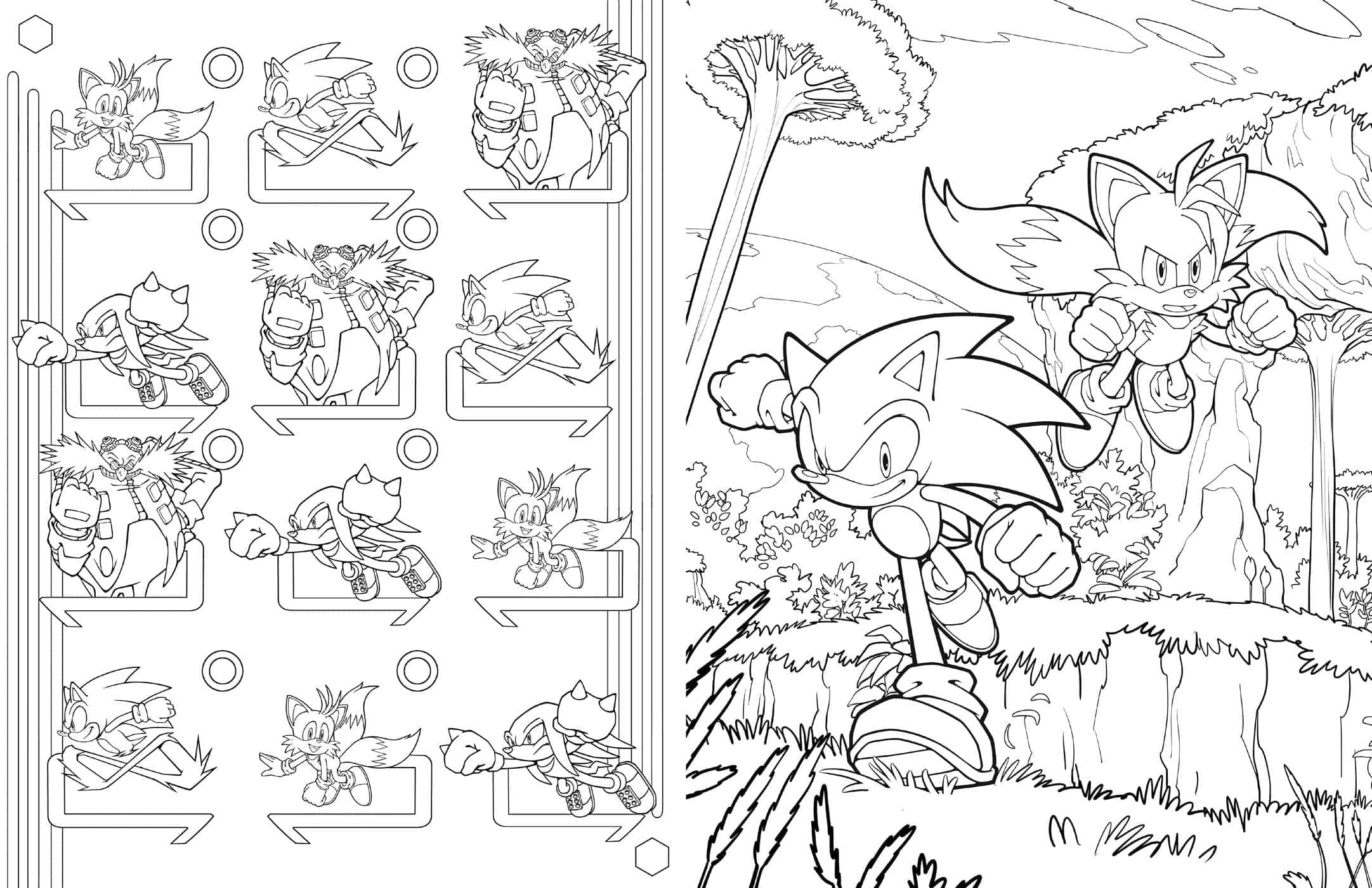 Sonic The Hedgehog 桌布 壁紙 — 黑白填色頁，描繪索尼克和塔爾斯在動態姿勢中，左側有動作框架網格。