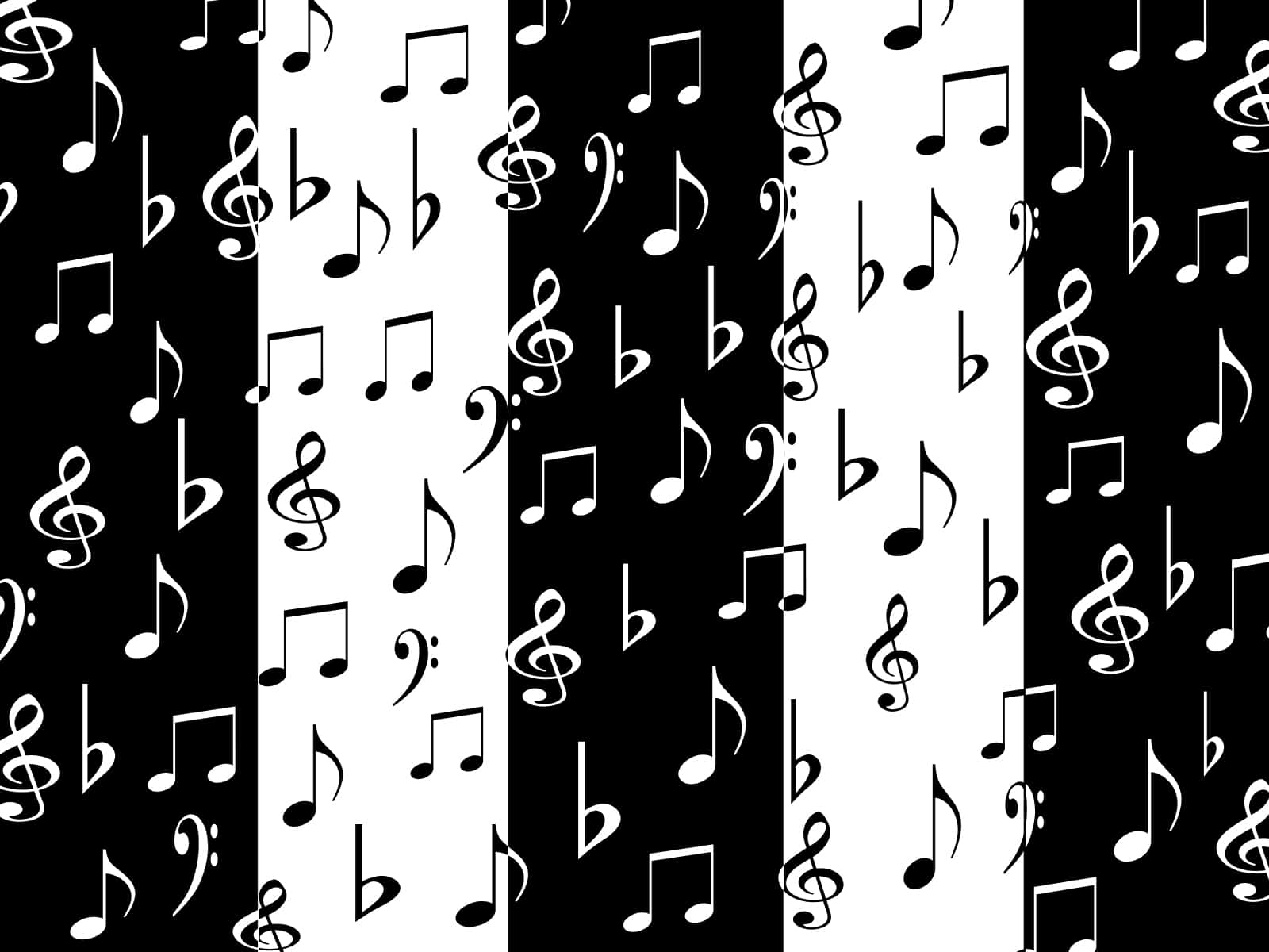 音樂 桌布 壁紙 — 黑白壁紙圖案，以重複的音樂音符和符號組成交替的垂直條紋。