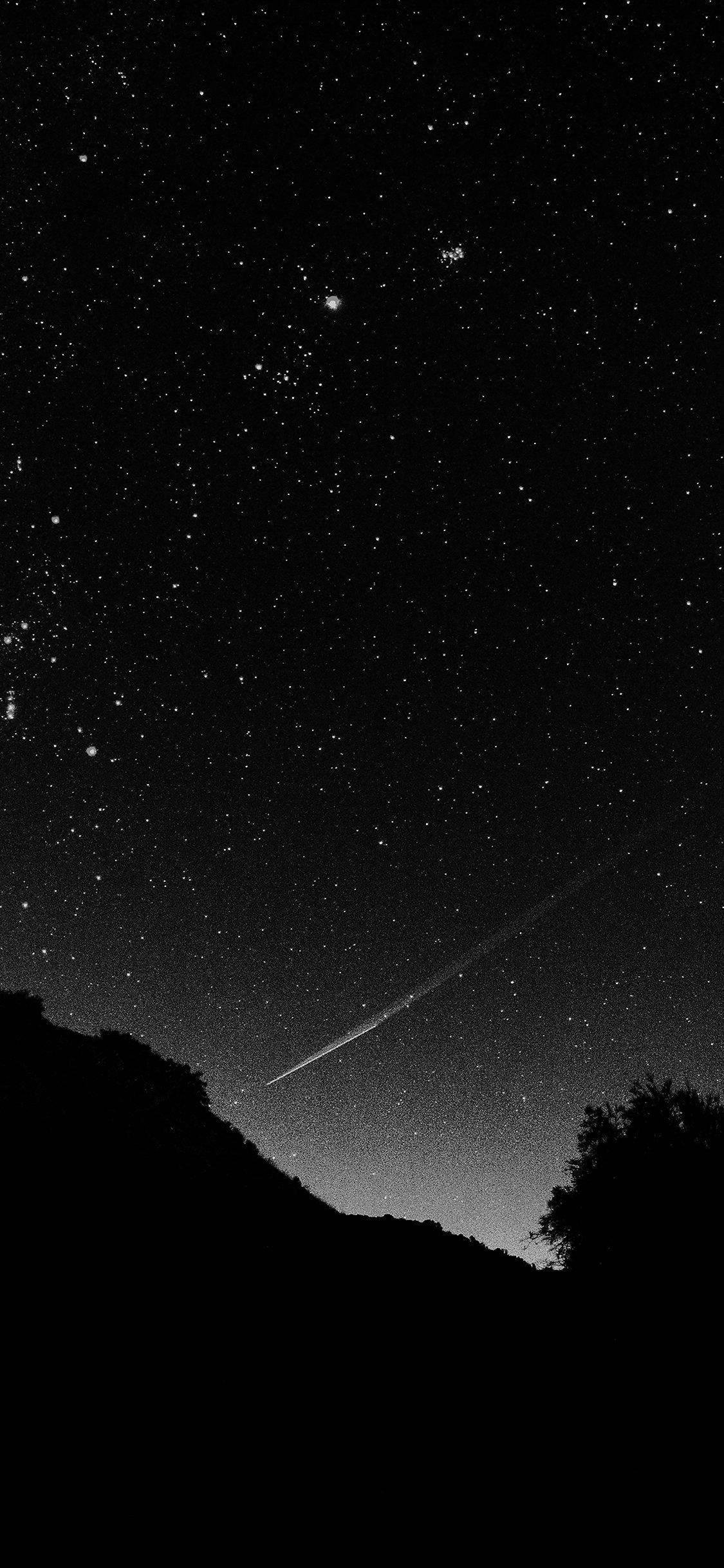 iPhone 桌布 壁紙 — 黑白夜空，滿天繁星，一顆明亮的流星劃過剪影般的山丘和樹木。