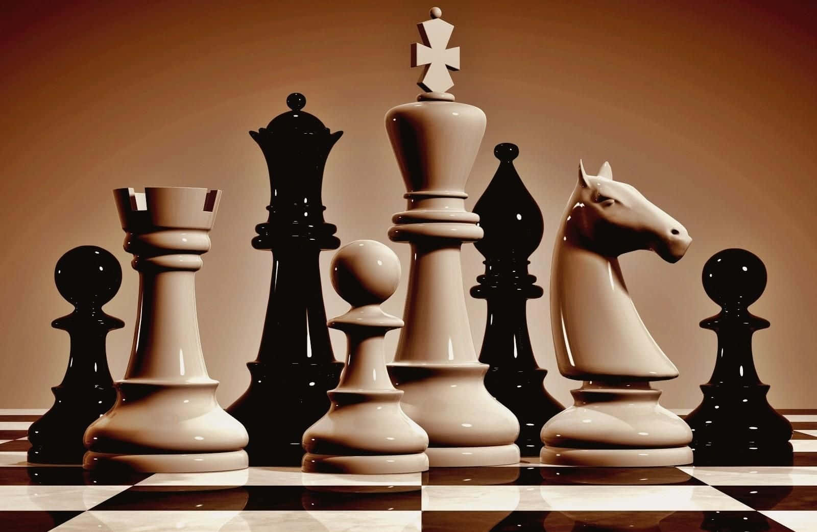 西洋棋 桌布 壁紙 — 黑白大型西洋棋棋子排列在棋盤上，背景為暖色漸變。