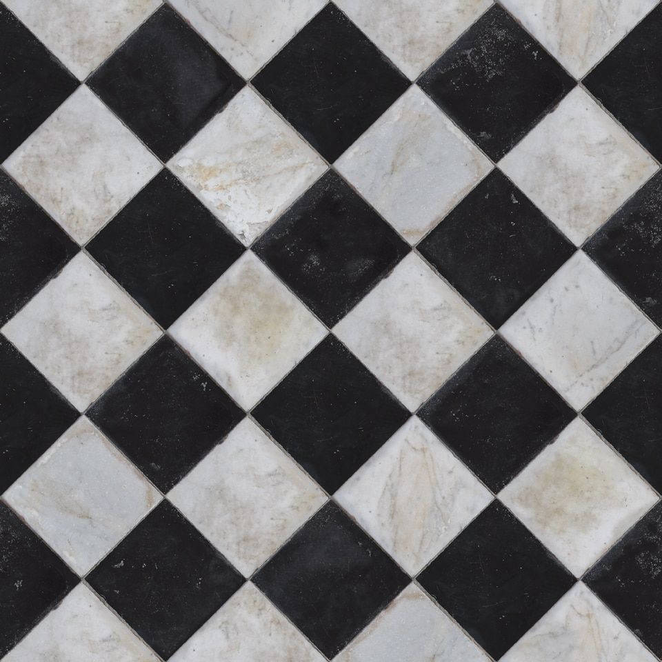 Floor Tiles 桌布 壁紙 — 黑白大理石瓷磚地板以鑽石圖案排列的特寫，帶有天然紋理。