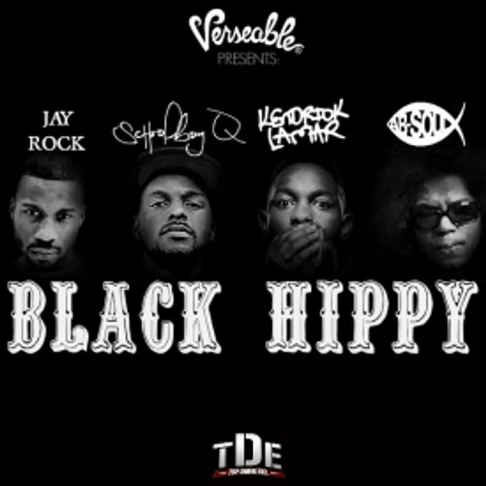 桌布 壁紙 — 黑白宣傳海報，展示四位饒舌歌手，並以粗體字寫著BLACK HIPPY，背景為深色。