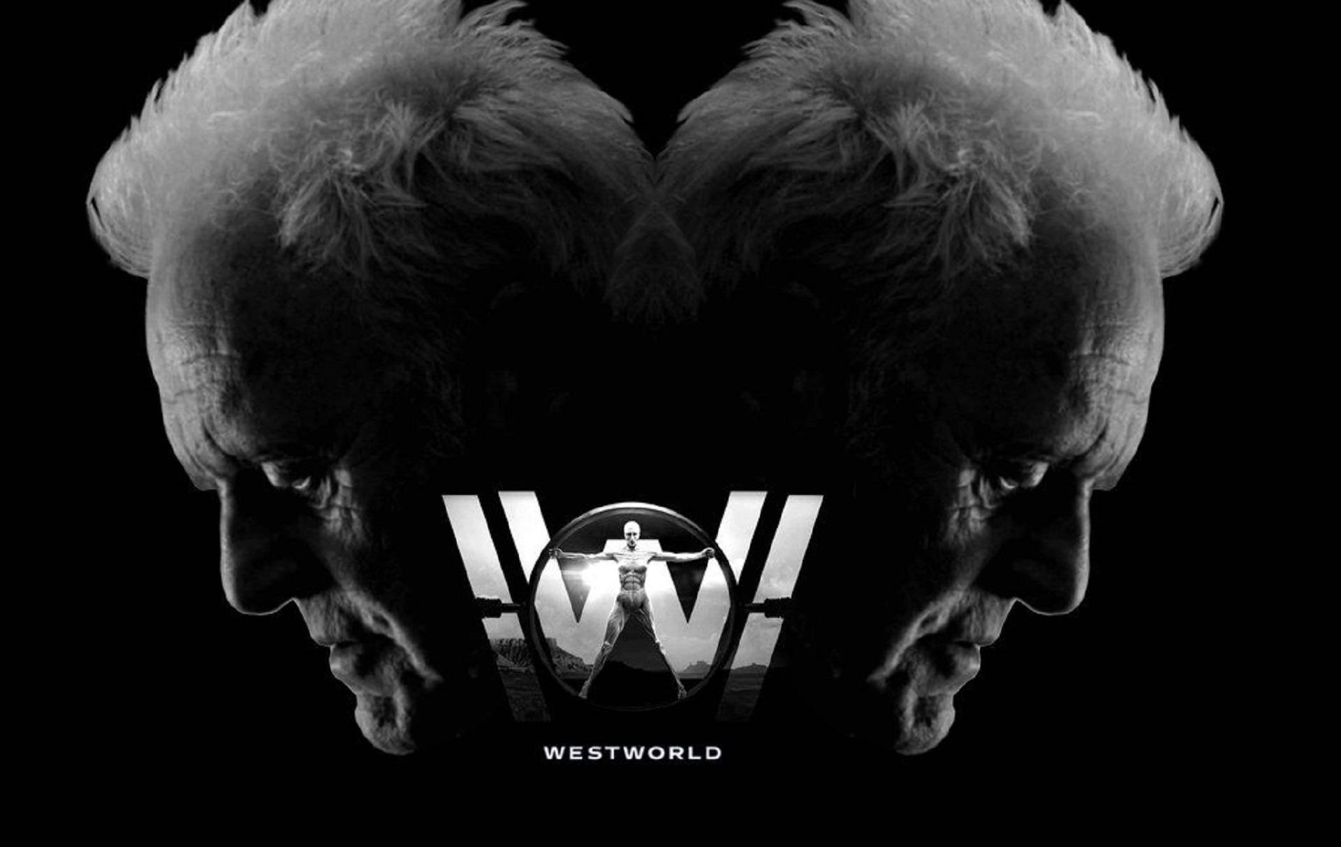 Westworld 桌布 壁紙 — 黑白對稱肖像，一位長者面孔鏡像形成心形，中間有Westworld標誌及中央人物。