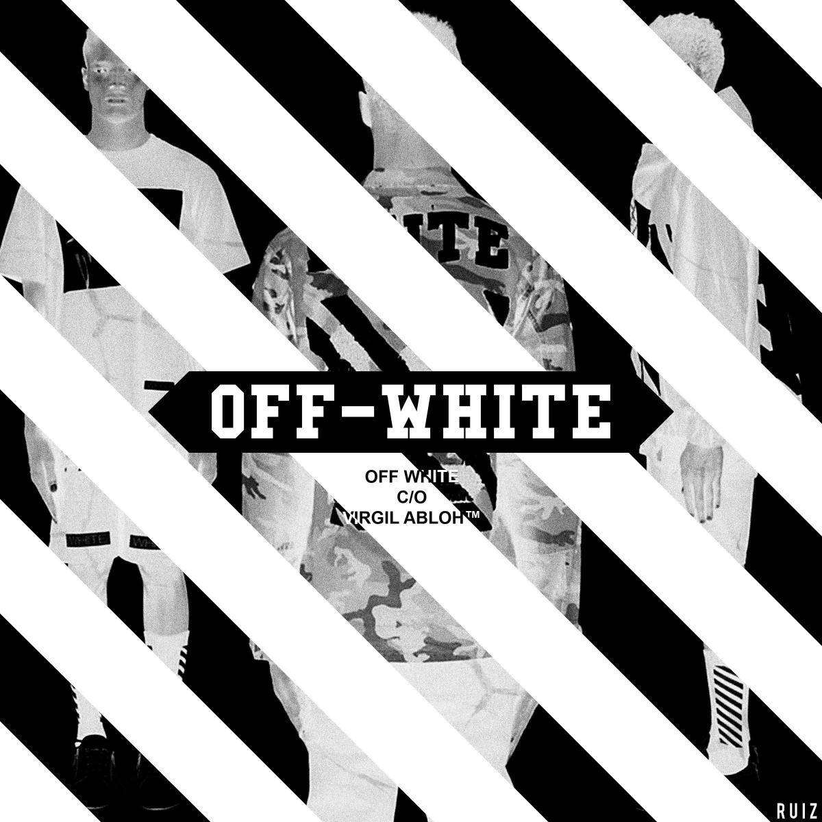 Off White Logo 桌布 壁紙 — 黑白對角條紋覆蓋穿著 Off-White 服裝的模特兒碎片化圖像，帶有鮮明的品牌標誌。