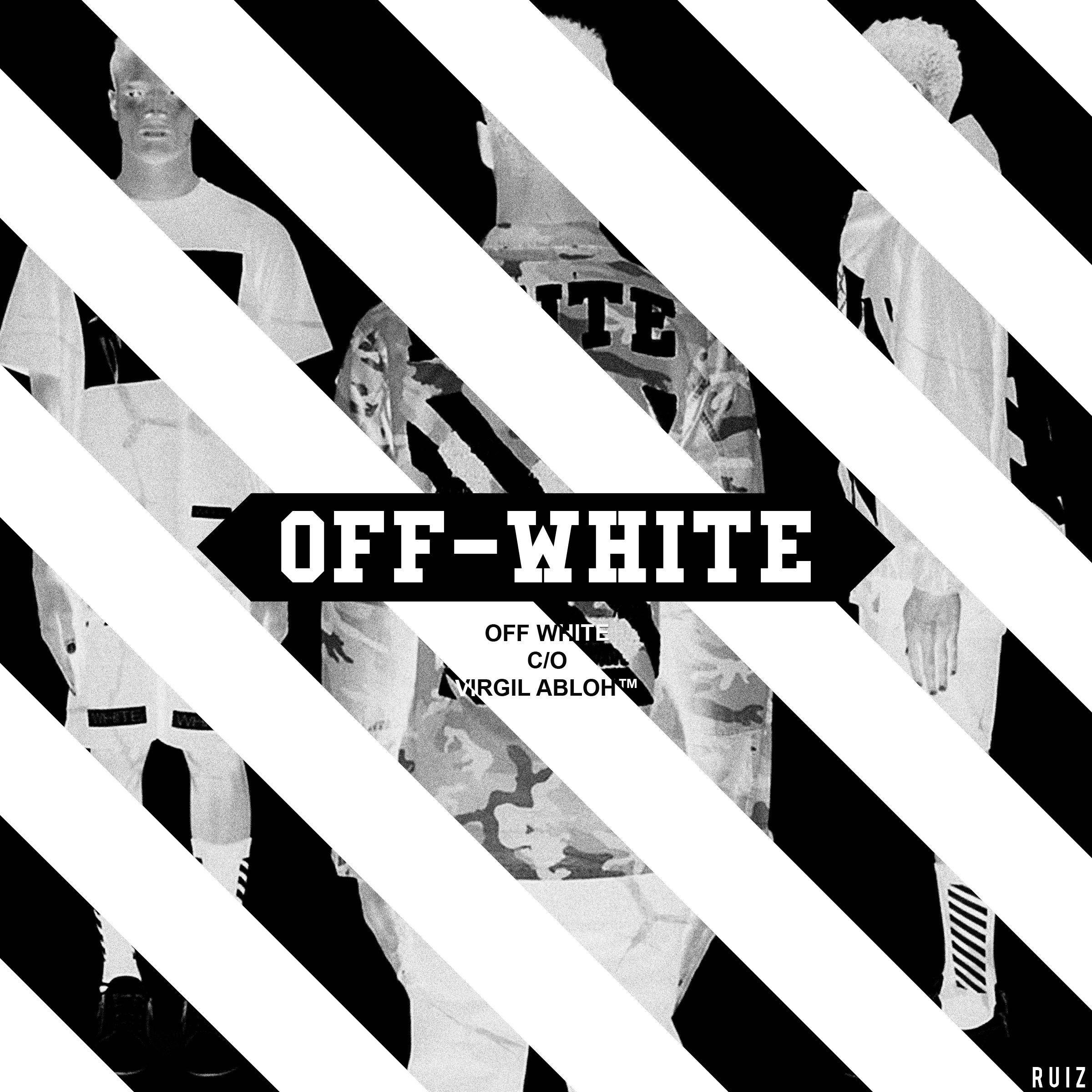 Off White 桌布 壁紙 — 黑白對角條紋覆蓋穿著 Off-White 服裝的模特兒碎片化圖像，帶有醒目的品牌標識。