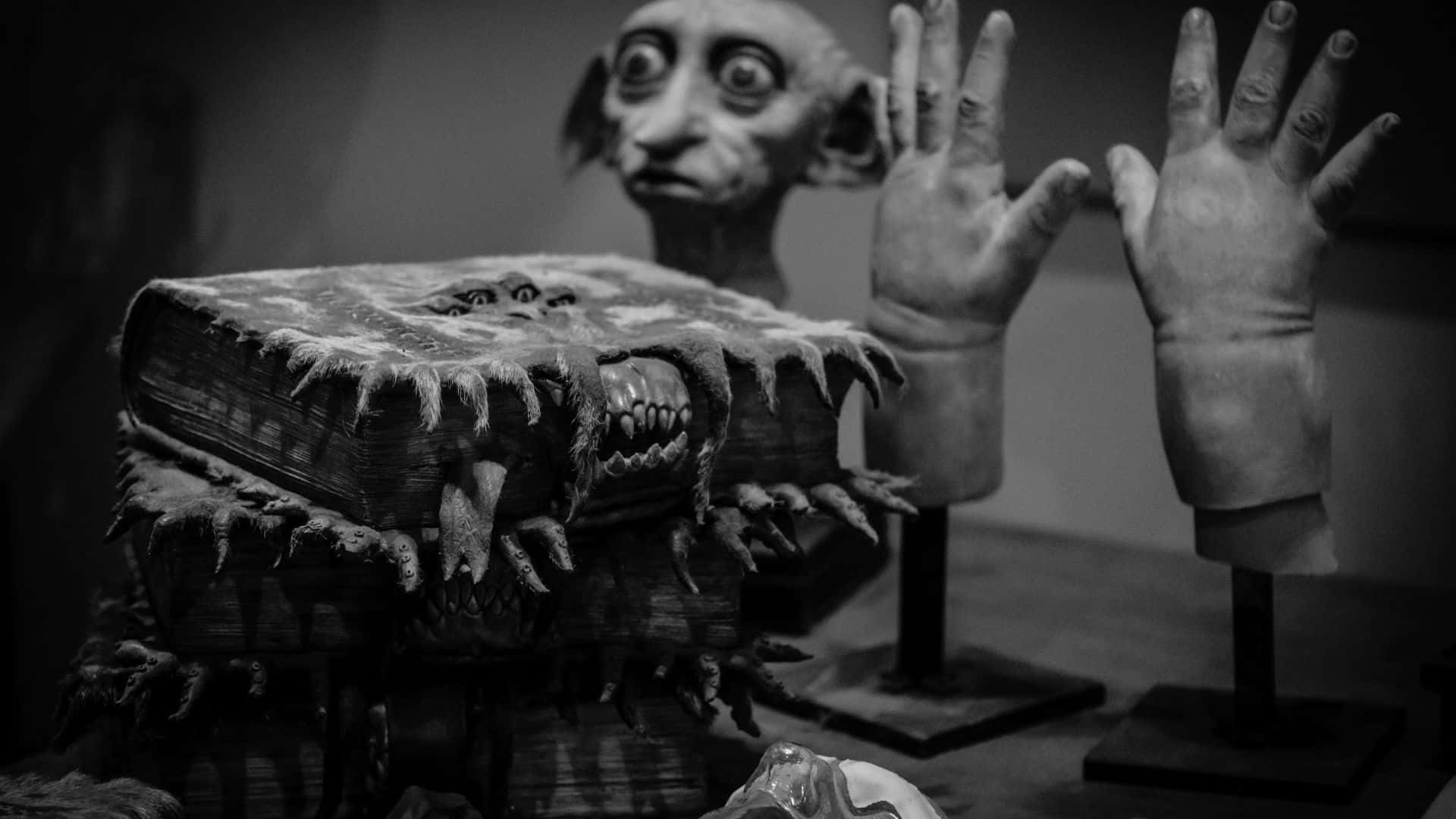 Black And White Movie 桌布 壁紙 — 黑白展示的怪誕恐怖雕塑，包括一本有牙齒的怪物書和其後尖叫的臉孔。
